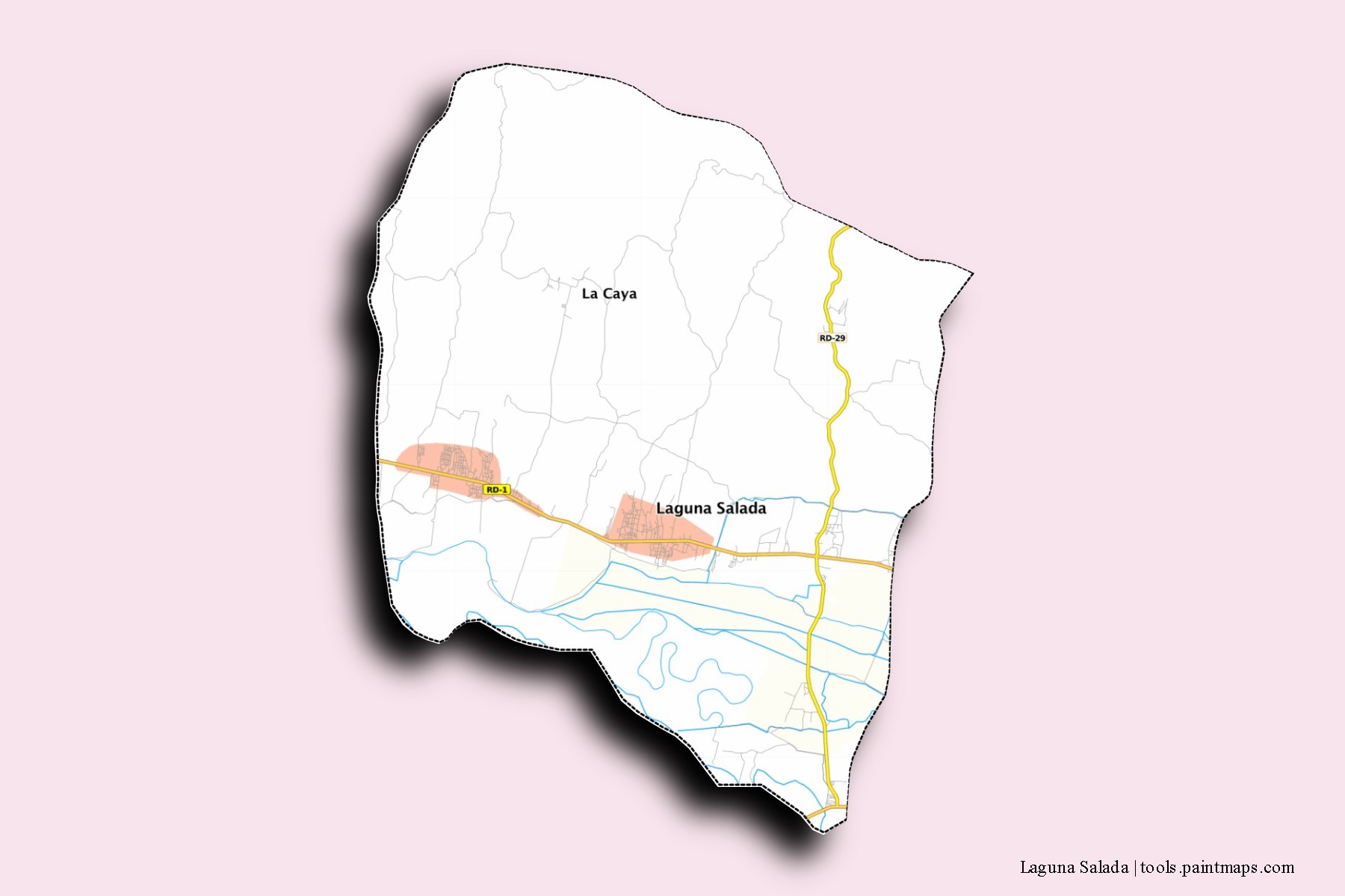 Mapa de barrios y pueblos de Laguna Salada con efecto de sombra 3D