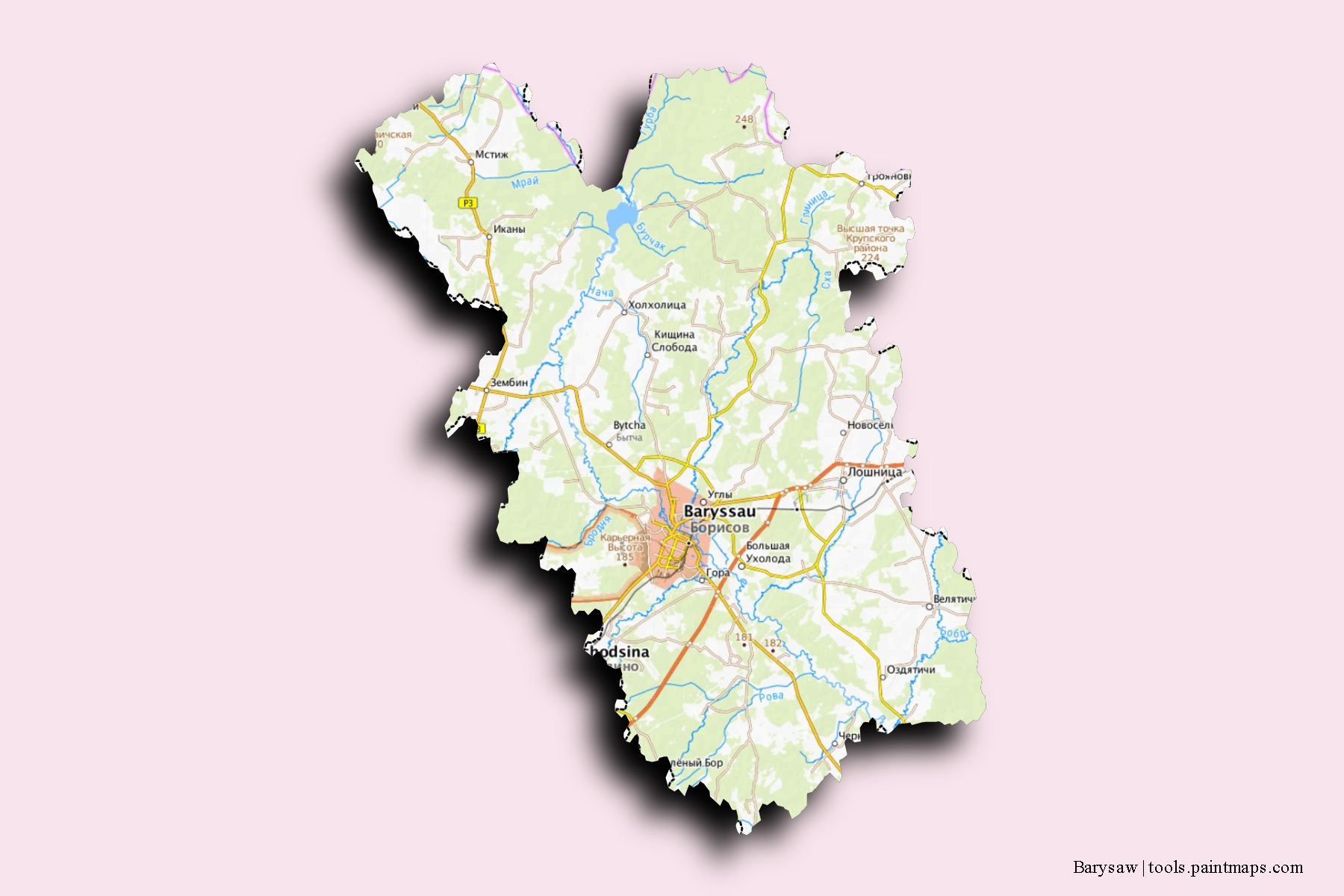 Mapa de barrios y pueblos de Barysaw con efecto de sombra 3D