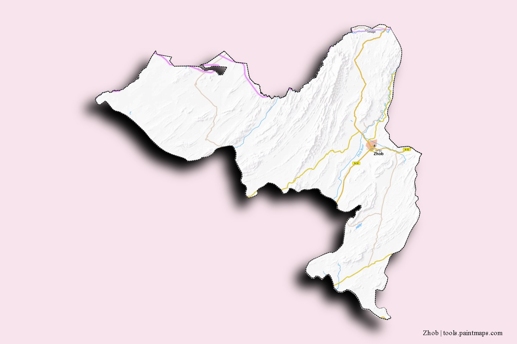 Zhob neighborhoods and villages map with 3D shadow effect