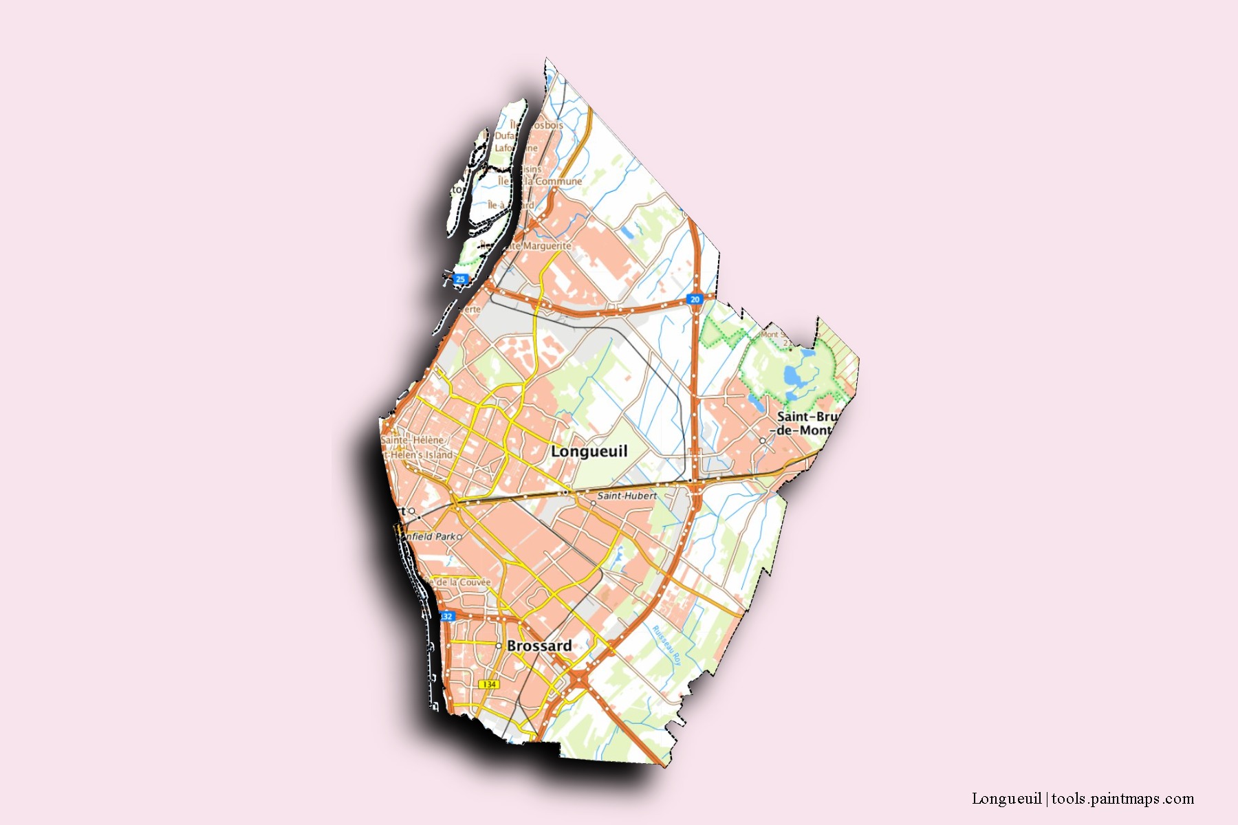 Longueuil neighborhoods and villages map with 3D shadow effect