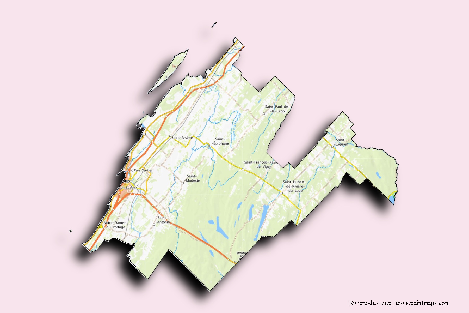 Mapa de barrios y pueblos de Riviere-du-Loup con efecto de sombra 3D