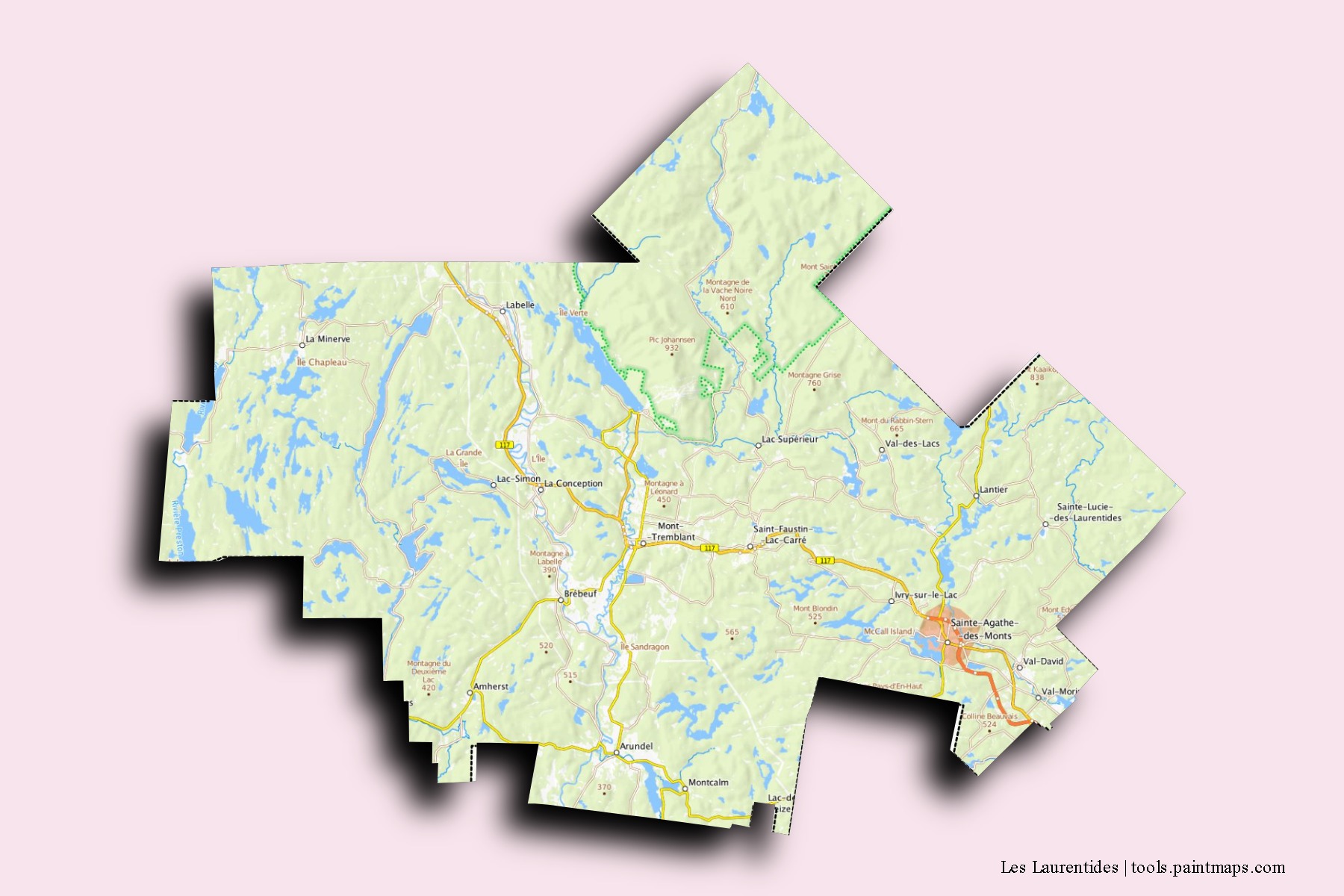 3D gölge efektli Les Laurentides mahalleleri ve köyleri haritası