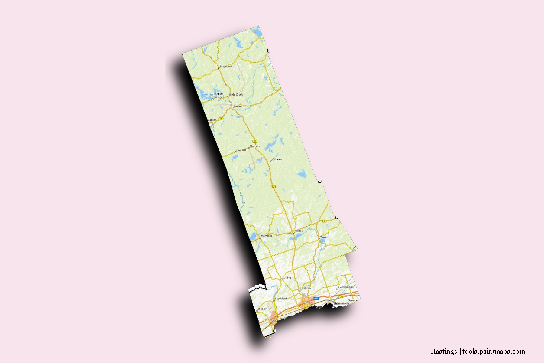 Hastings neighborhoods and villages map with 3D shadow effect