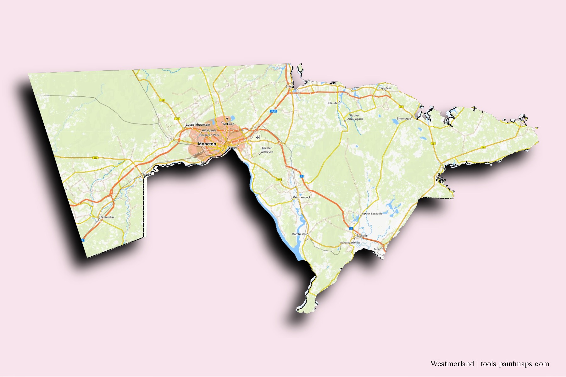 Westmorland neighborhoods and villages map with 3D shadow effect