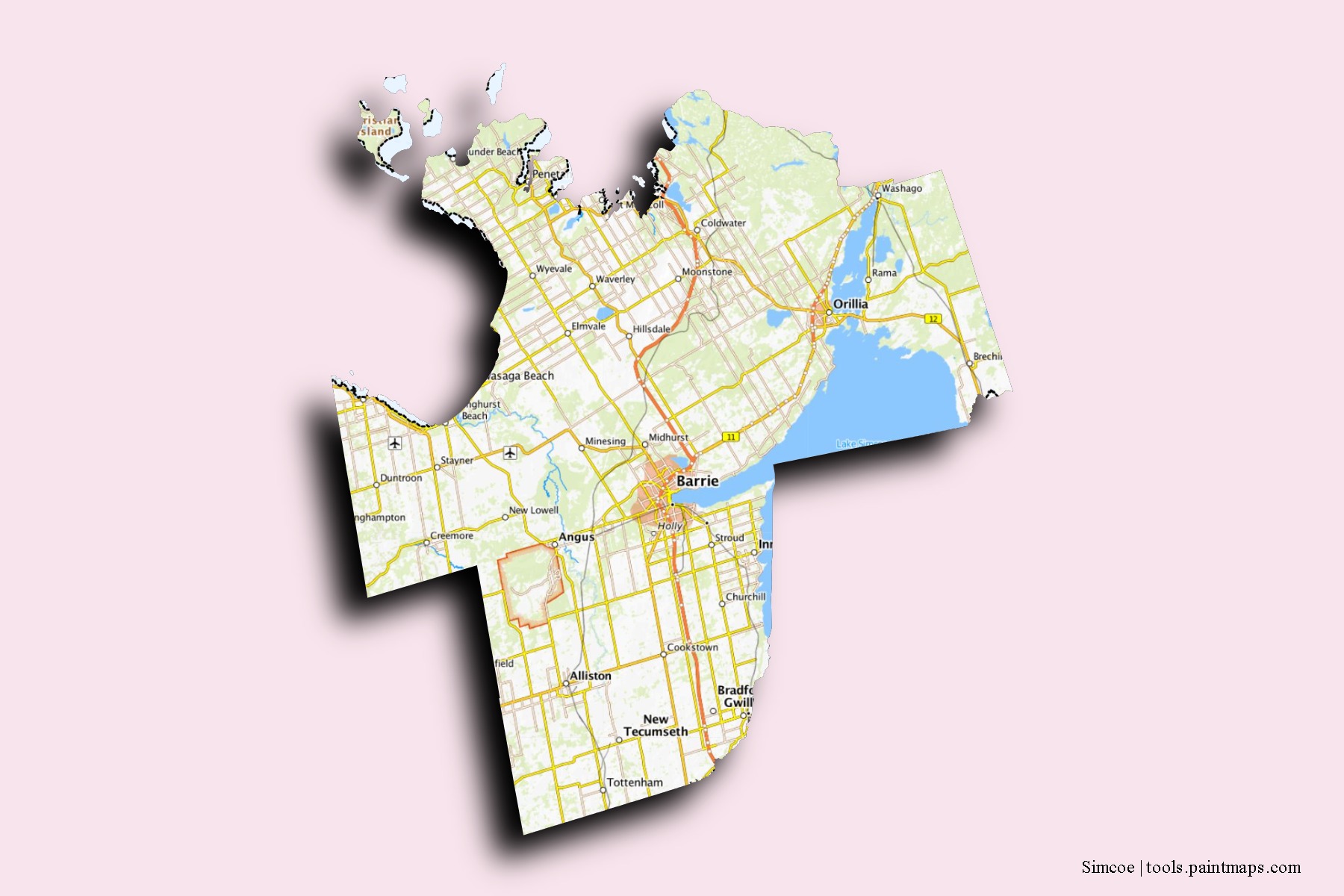 Mapa de barrios y pueblos de Simcoe con efecto de sombra 3D