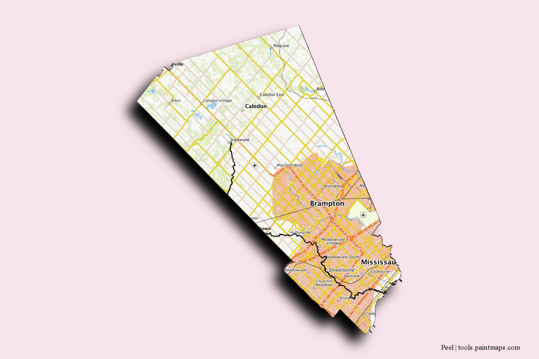 Mapa de barrios y pueblos de Peel con efecto de sombra 3D