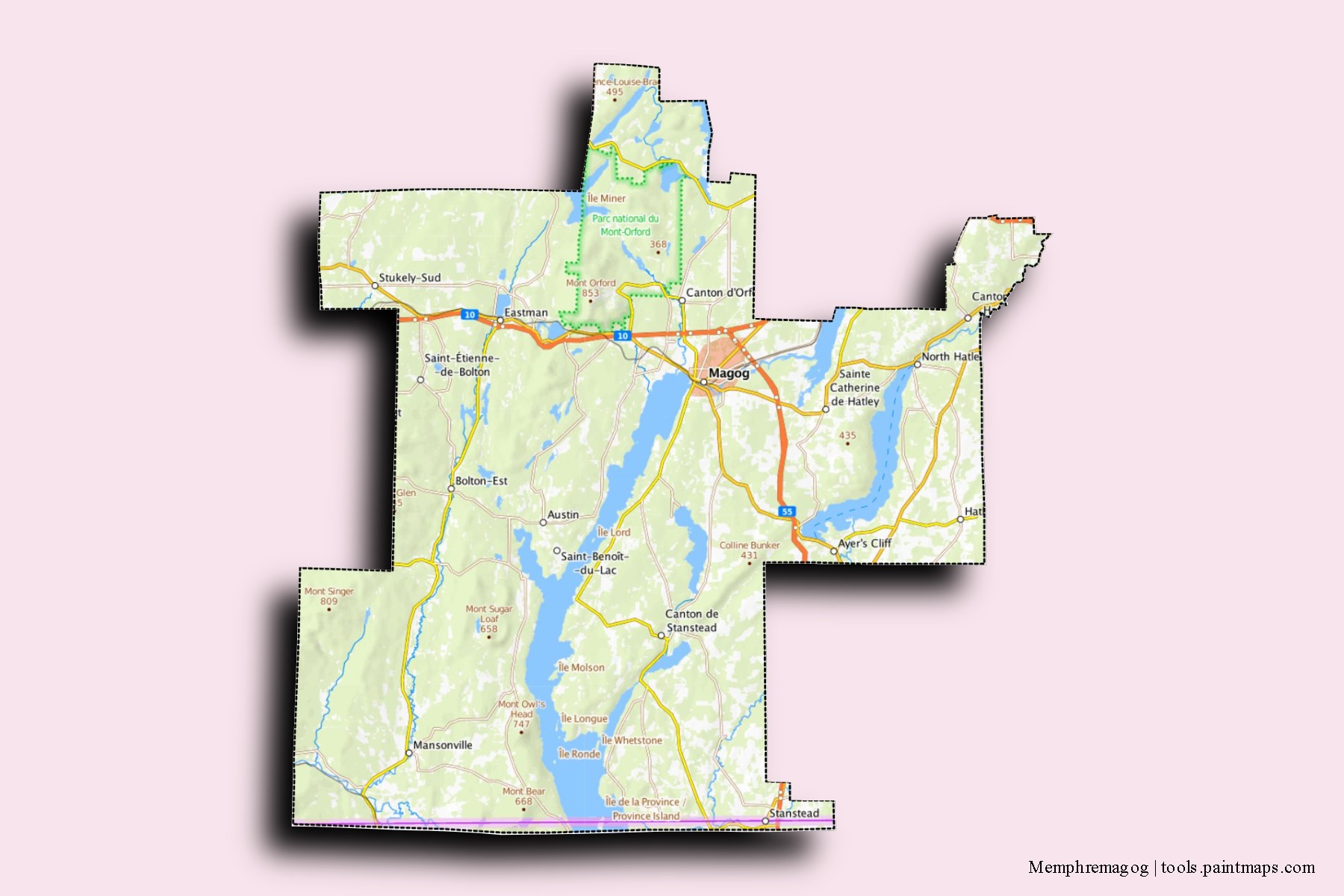 Mapa de barrios y pueblos de Memphremagog con efecto de sombra 3D