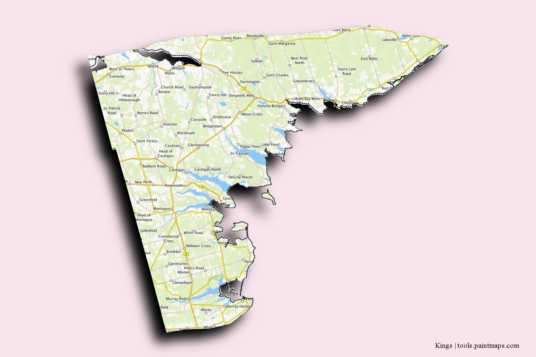 Mapa de barrios y pueblos de Kings con efecto de sombra 3D