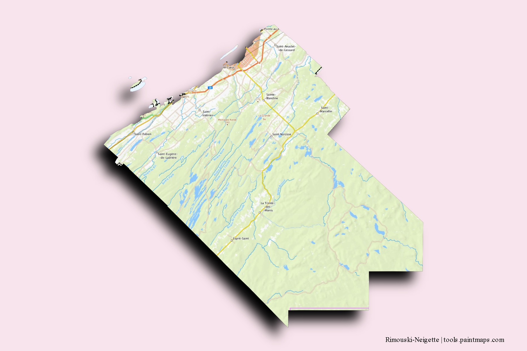3D gölge efektli Rimouski-Neigette mahalleleri ve köyleri haritası