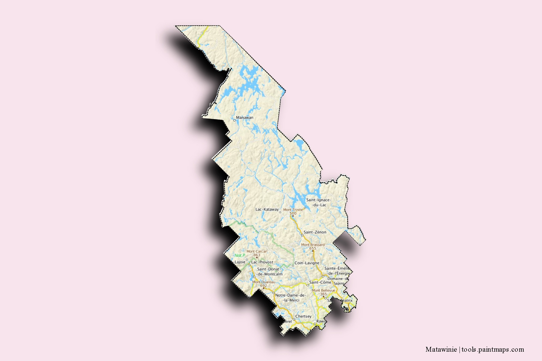 Mapa de barrios y pueblos de Matawinie con efecto de sombra 3D