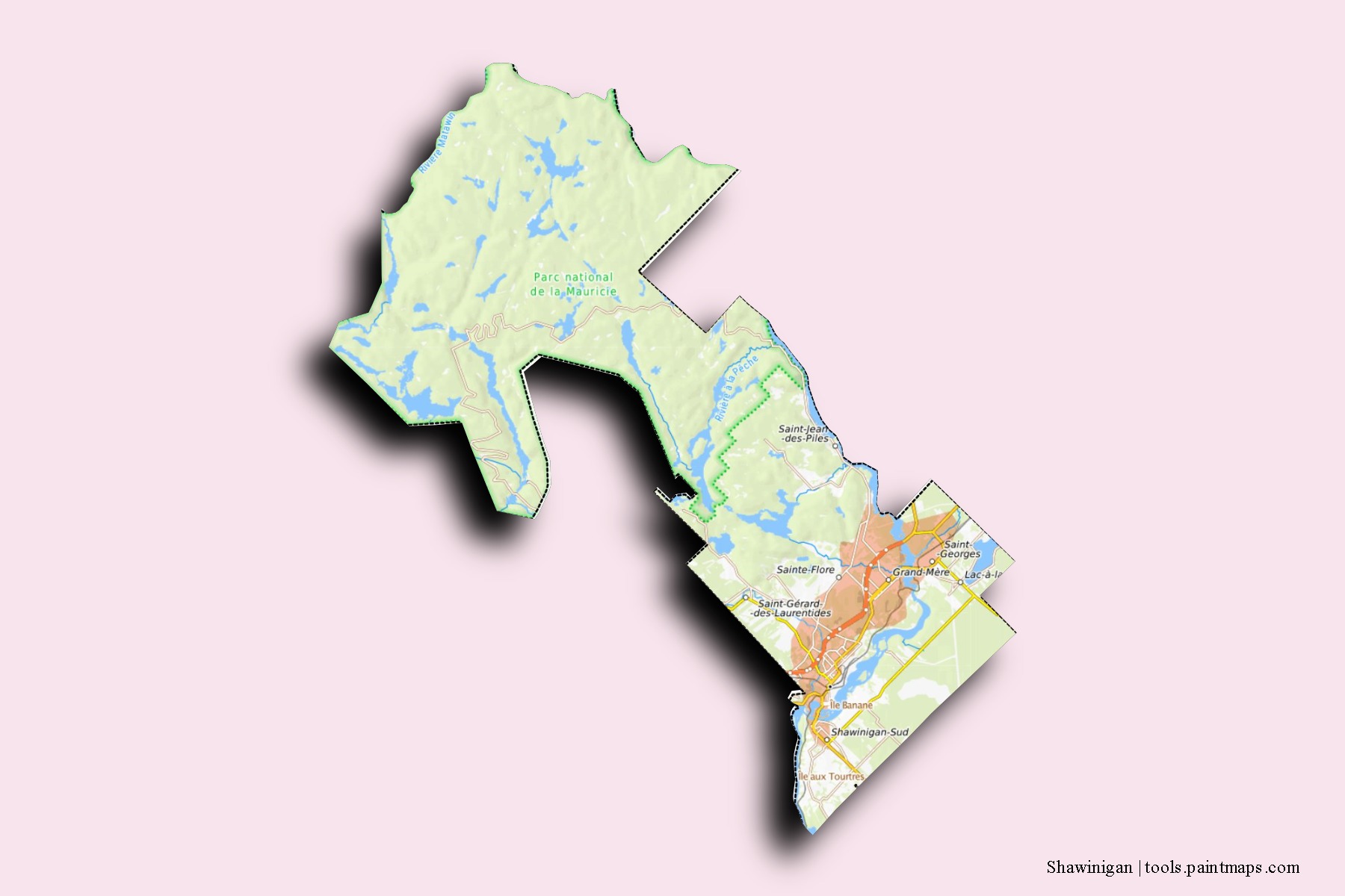 Mapa de barrios y pueblos de Shawinigan con efecto de sombra 3D