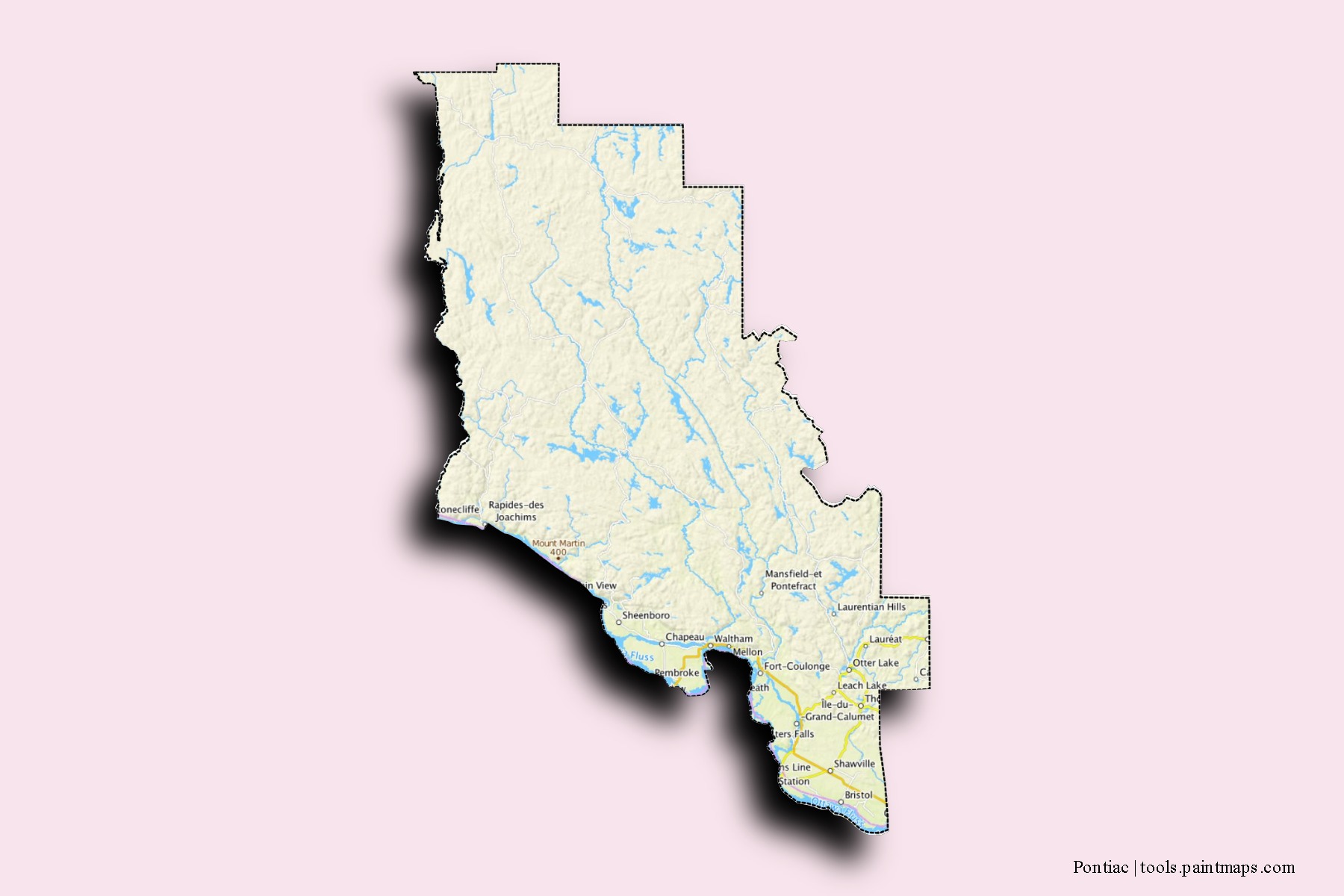 Pontiac neighborhoods and villages map with 3D shadow effect