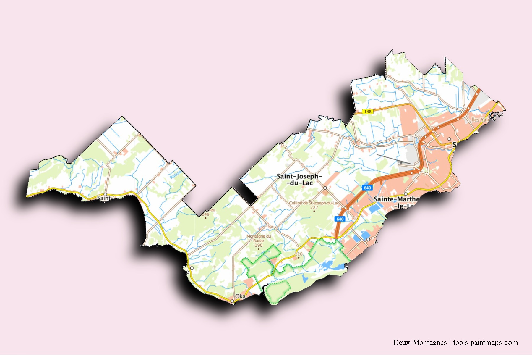 Mapa de barrios y pueblos de Deux-Montagnes con efecto de sombra 3D