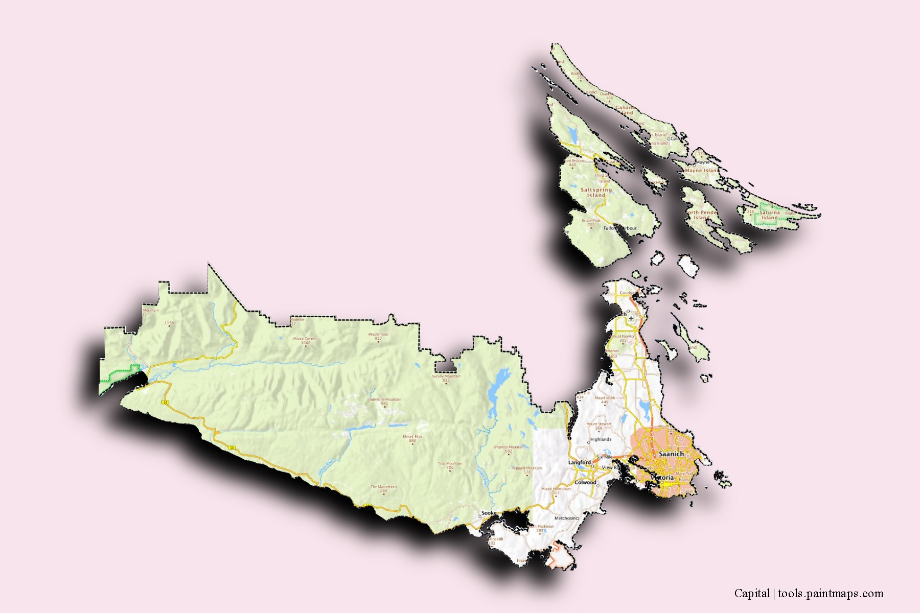 Mapa de barrios y pueblos de Capital con efecto de sombra 3D