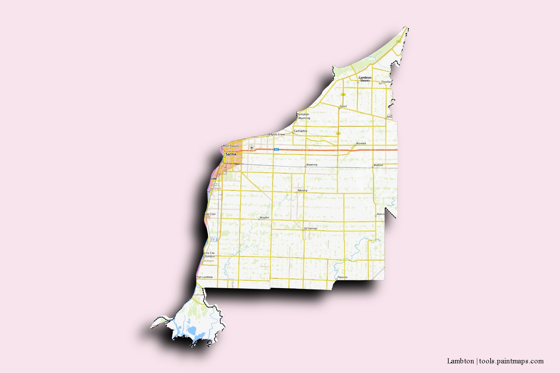 Mapa de barrios y pueblos de Lambton con efecto de sombra 3D