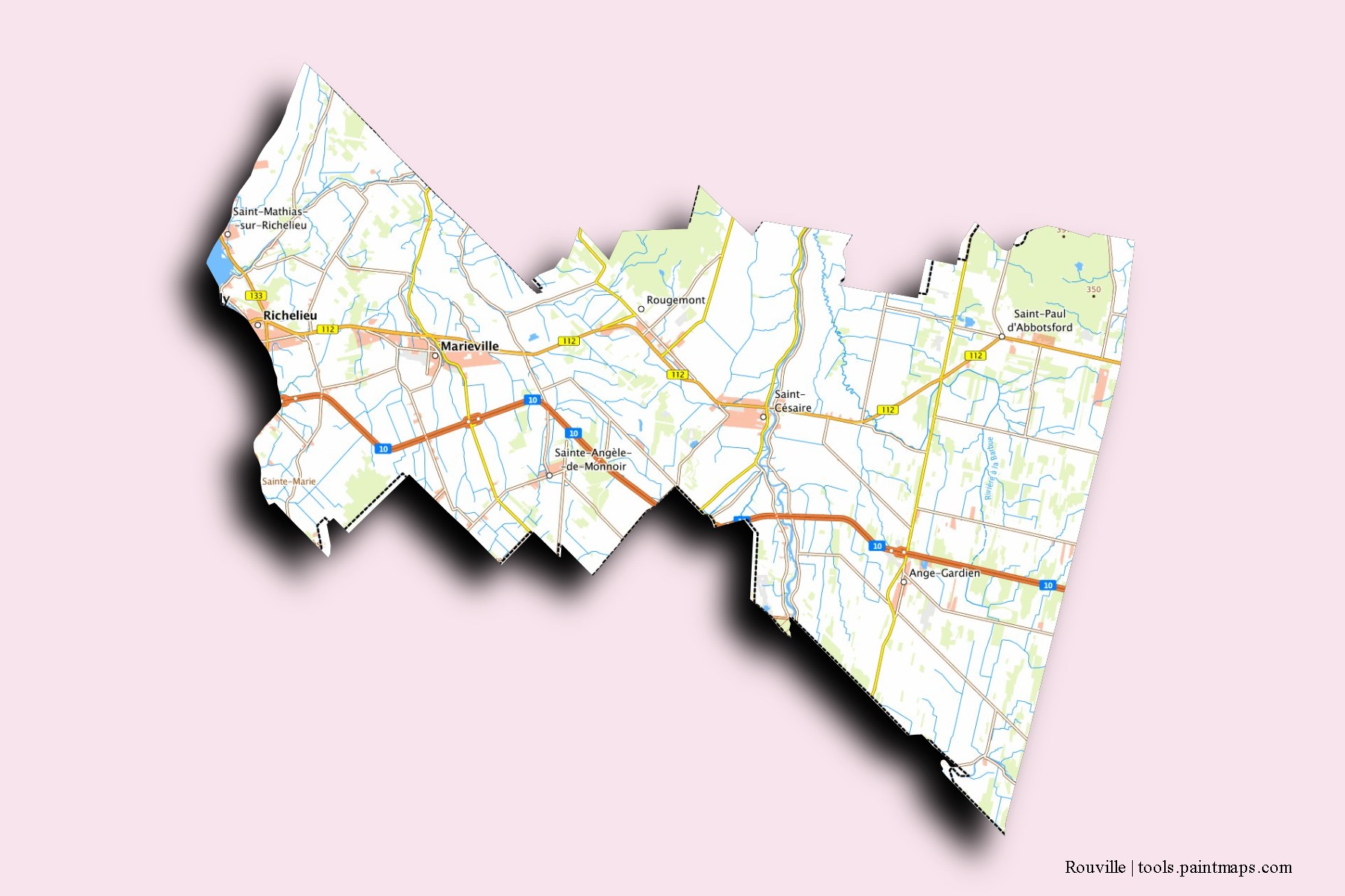 Rouville neighborhoods and villages map with 3D shadow effect