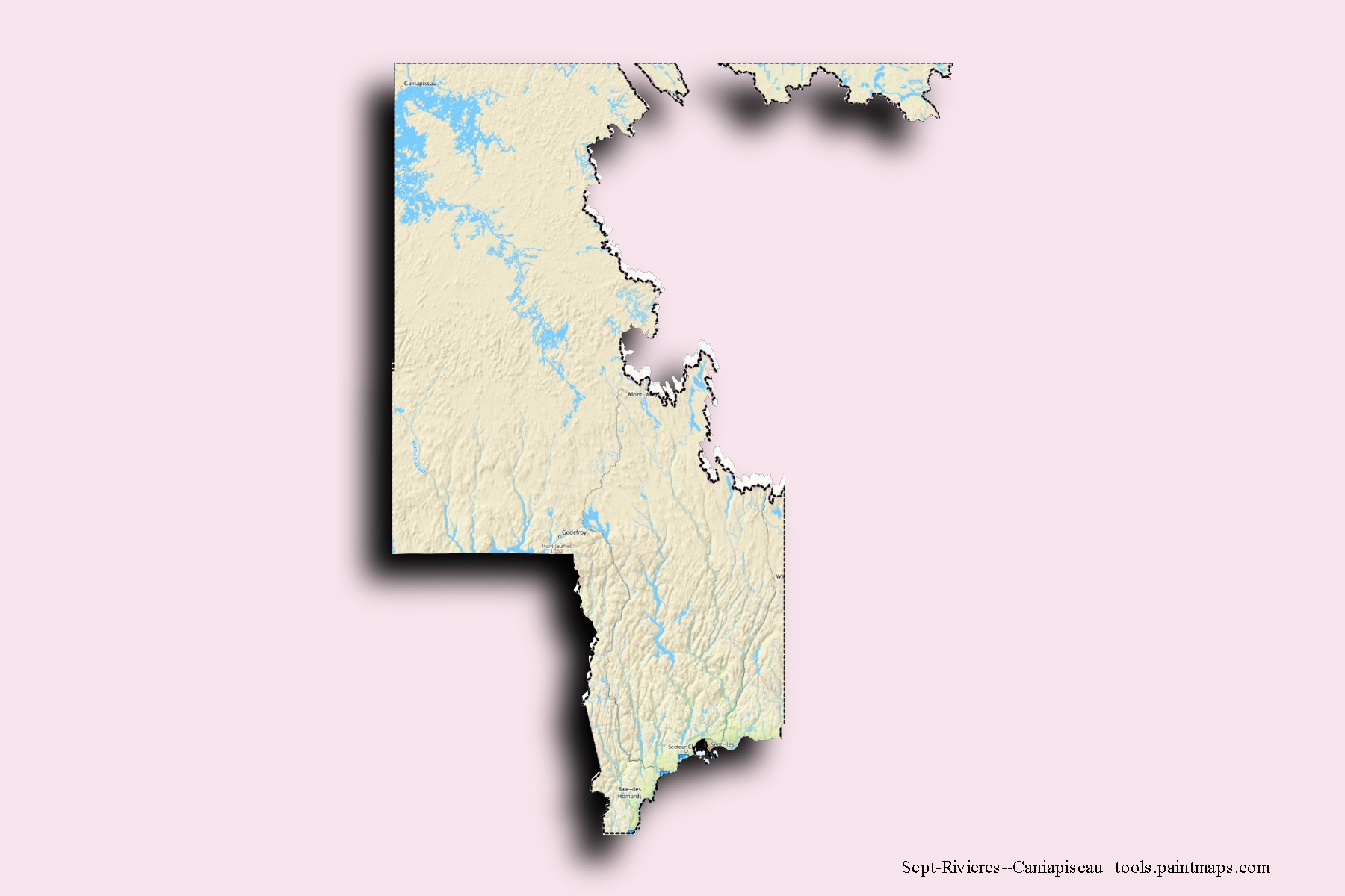 Mapa de barrios y pueblos de Sept-Rivieres--Caniapiscau con efecto de sombra 3D