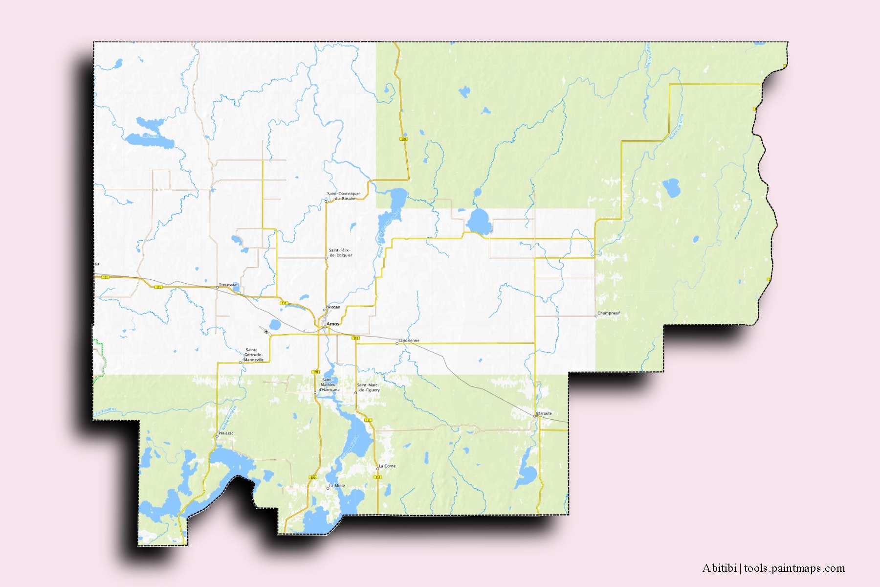 3D gölge efektli Abitibi mahalleleri ve köyleri haritası