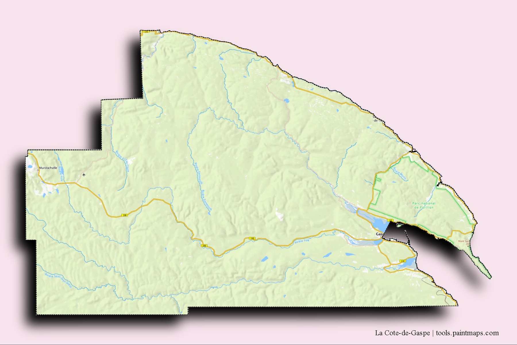 La Cote-de-Gaspe neighborhoods and villages map with 3D shadow effect