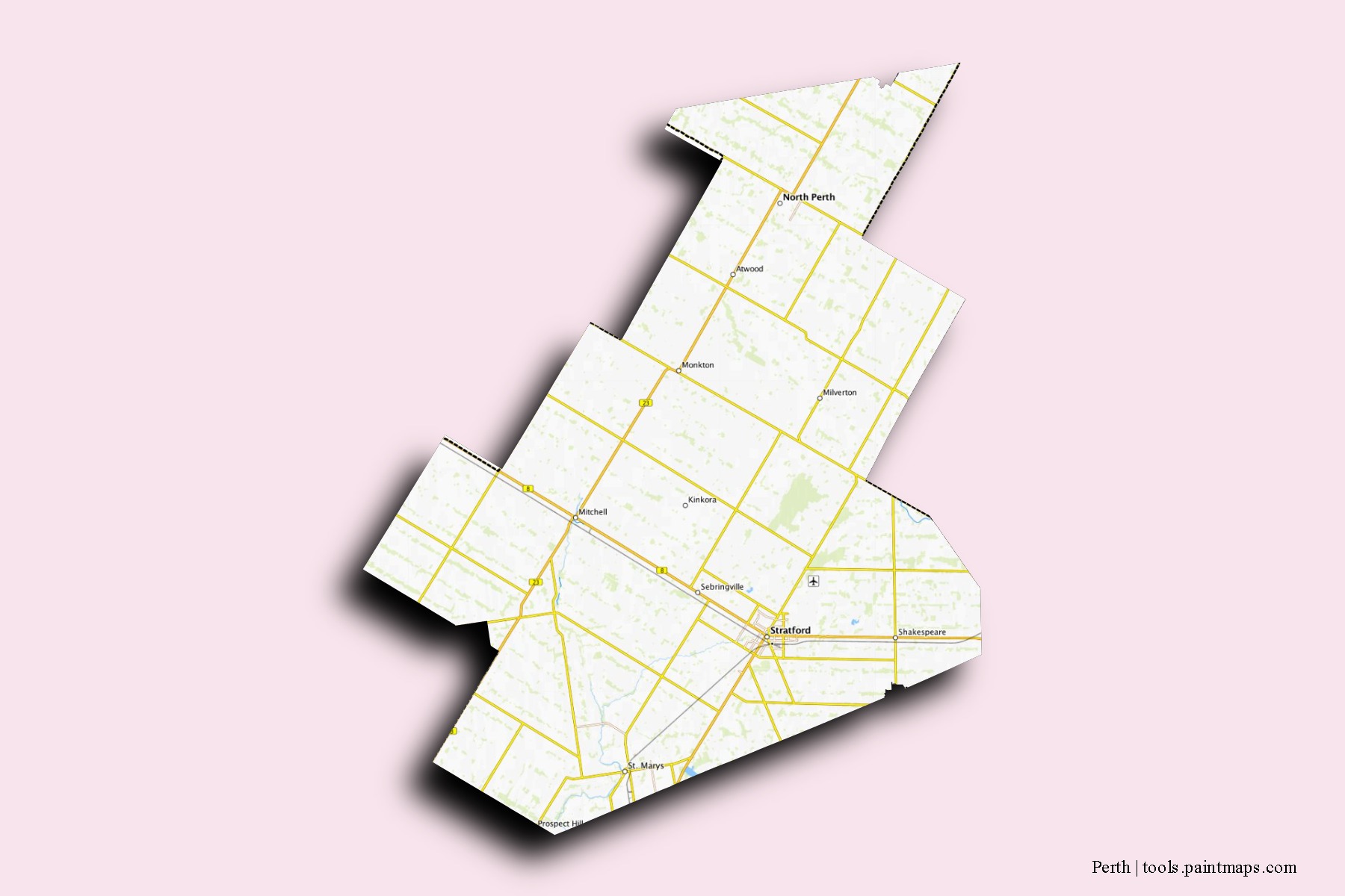 Mapa de barrios y pueblos de Perth con efecto de sombra 3D