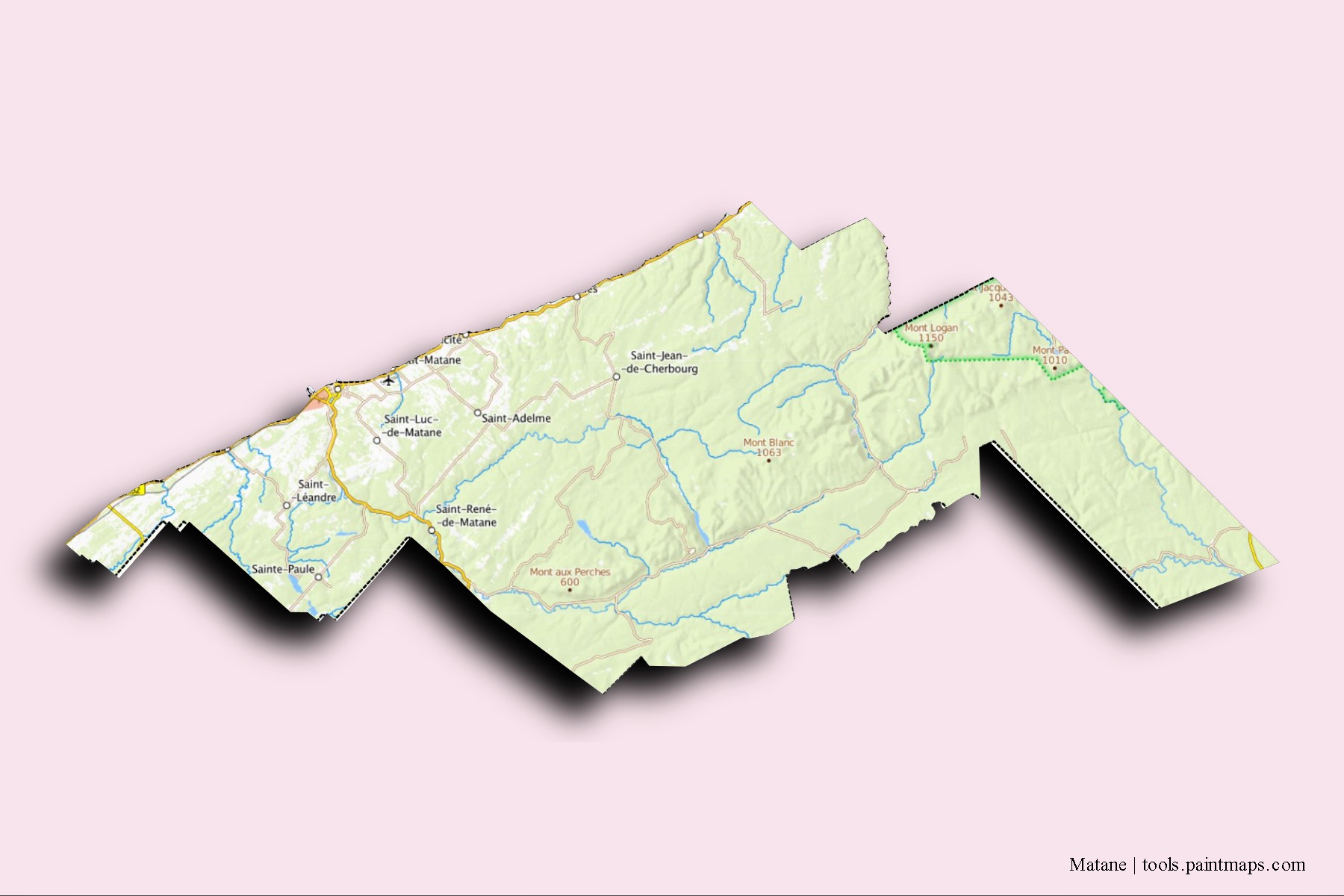 Matane neighborhoods and villages map with 3D shadow effect