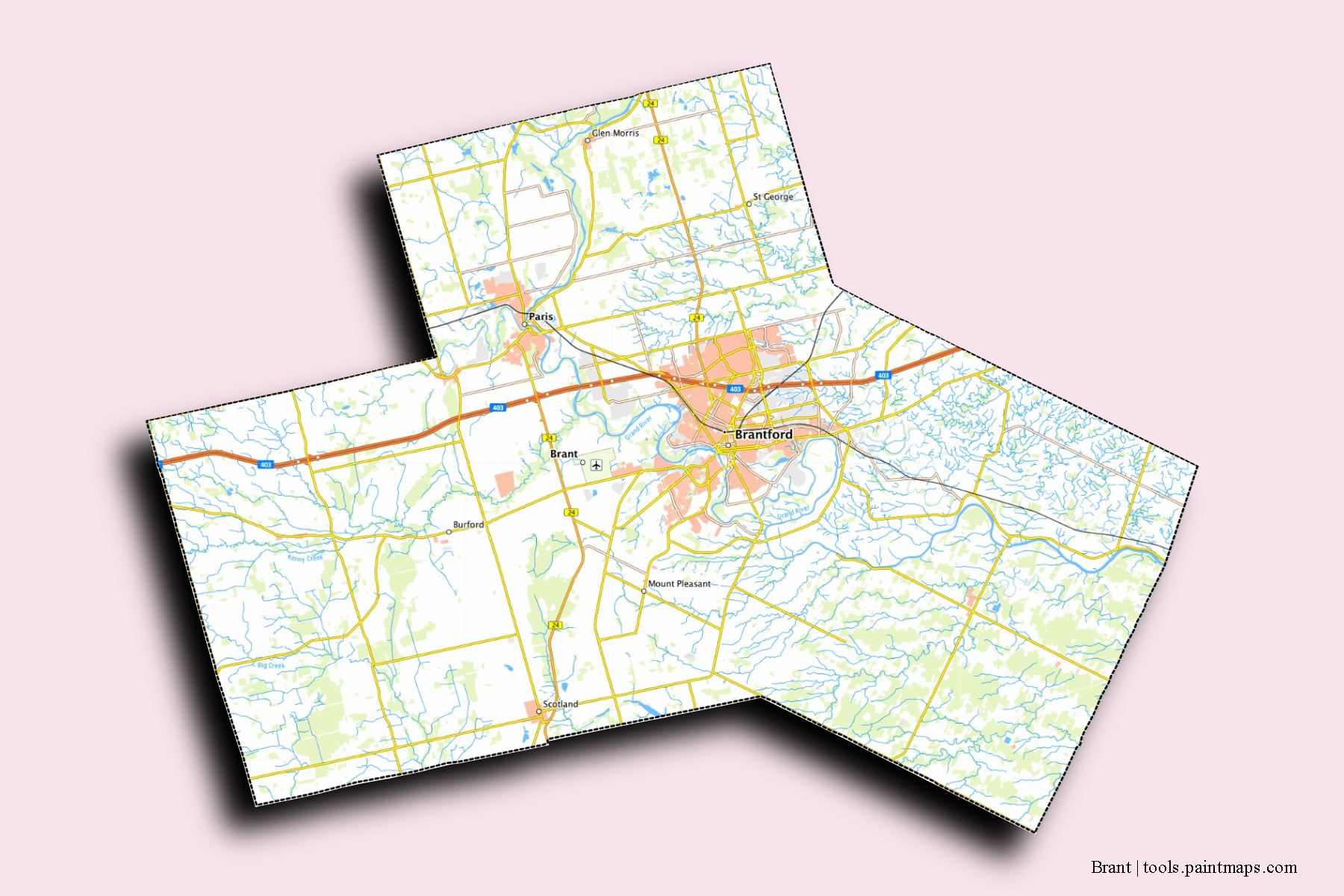 Mapa de barrios y pueblos de Brant con efecto de sombra 3D