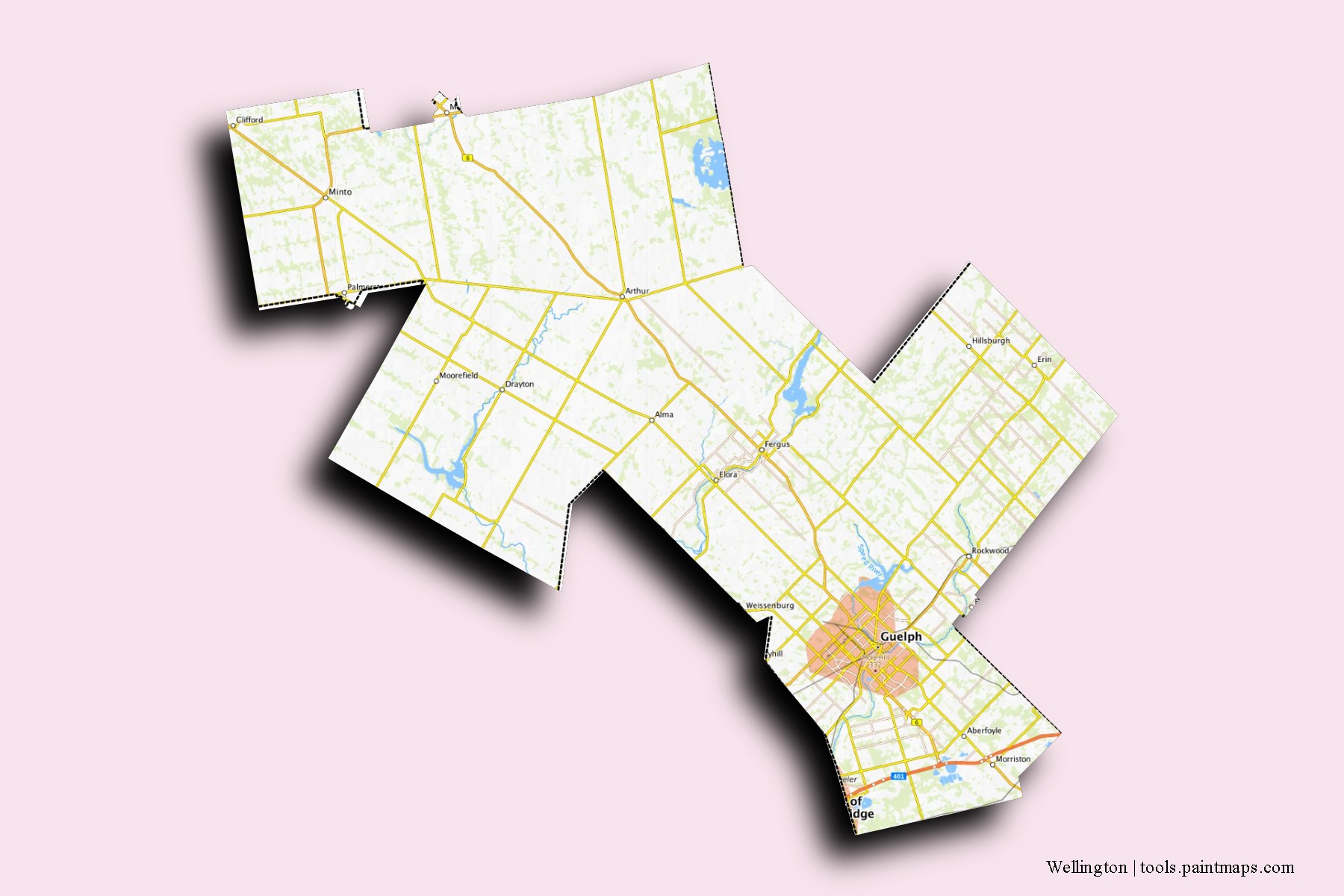 Mapa de barrios y pueblos de Wellington con efecto de sombra 3D