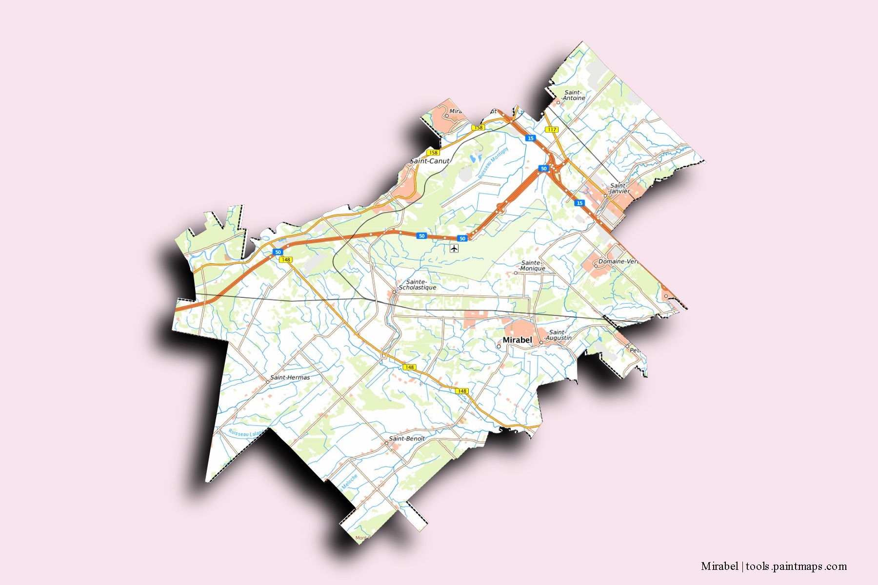 Mirabel neighborhoods and villages map with 3D shadow effect