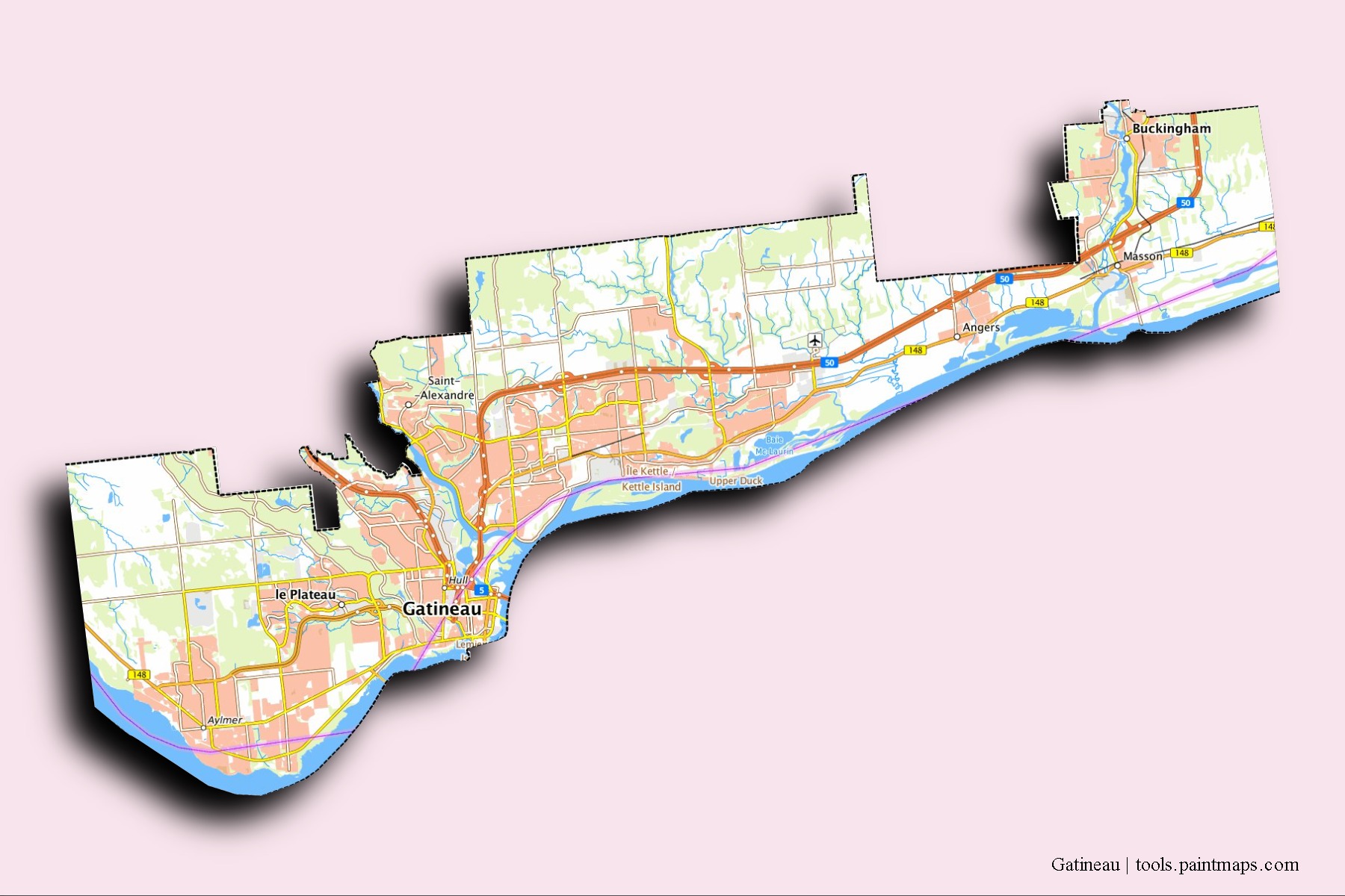 Gatineau neighborhoods and villages map with 3D shadow effect