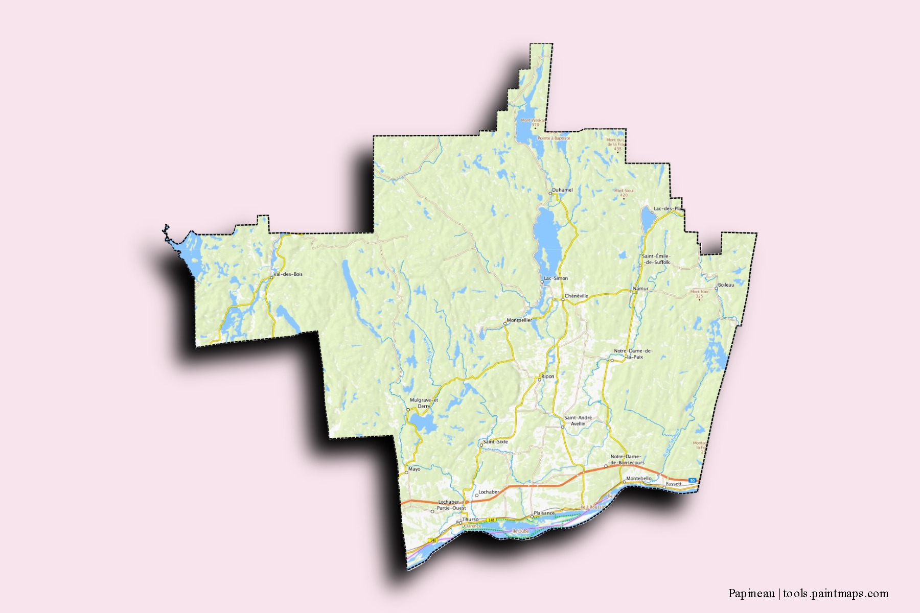 Mapa de barrios y pueblos de Papineau con efecto de sombra 3D