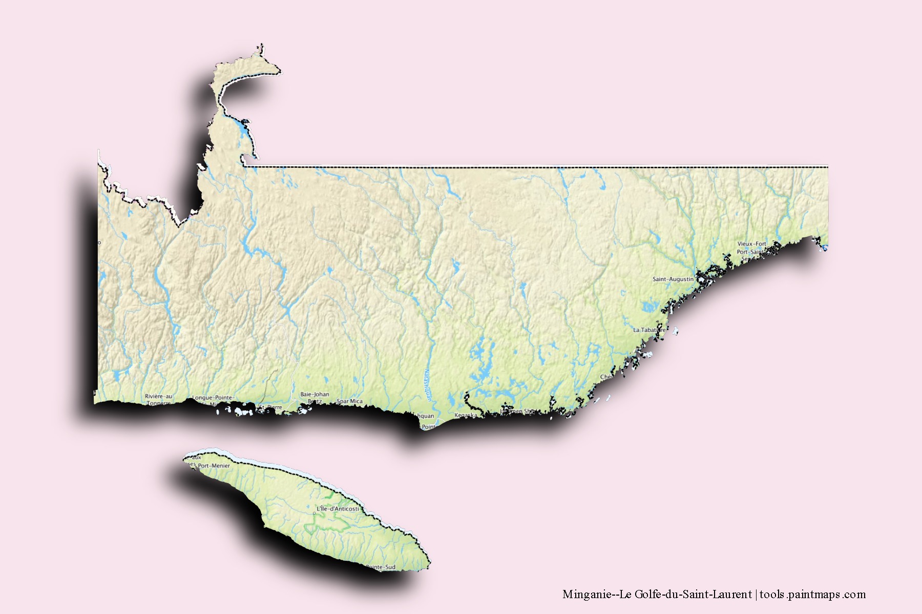 3D gölge efektli Minganie--Le Golfe-du-Saint-Laurent mahalleleri ve köyleri haritası