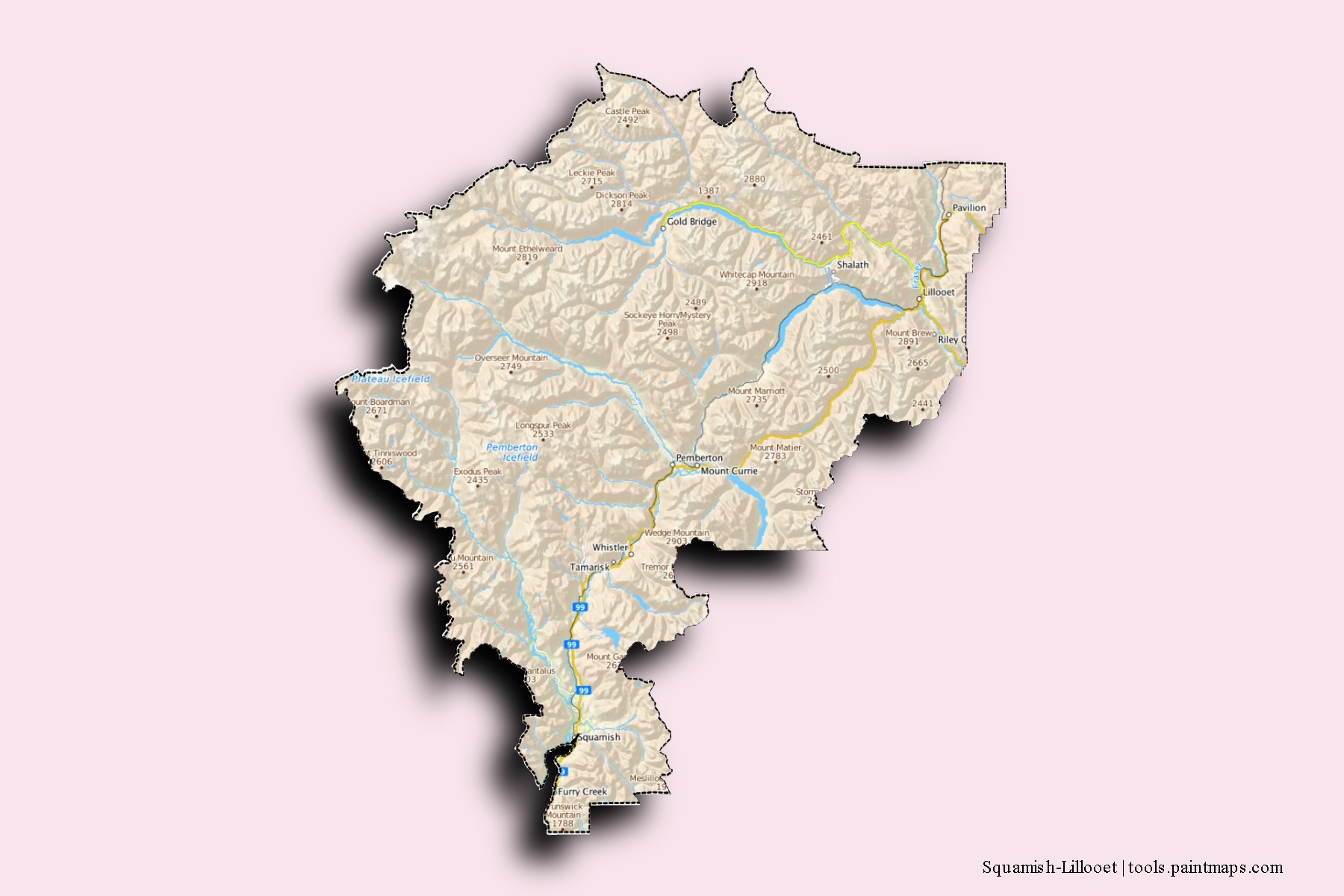 Mapa de barrios y pueblos de Squamish-Lillooet con efecto de sombra 3D