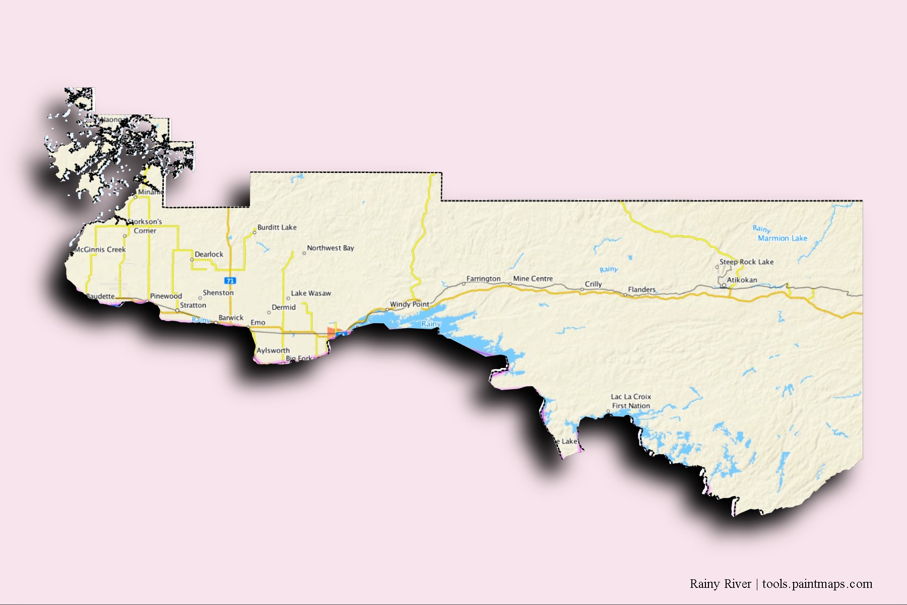 Rainy River neighborhoods and villages map with 3D shadow effect