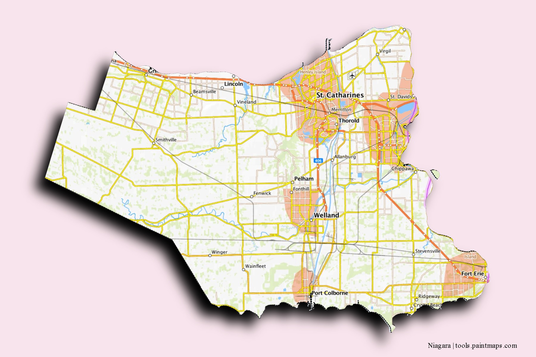 Mapa de barrios y pueblos de Niagara con efecto de sombra 3D