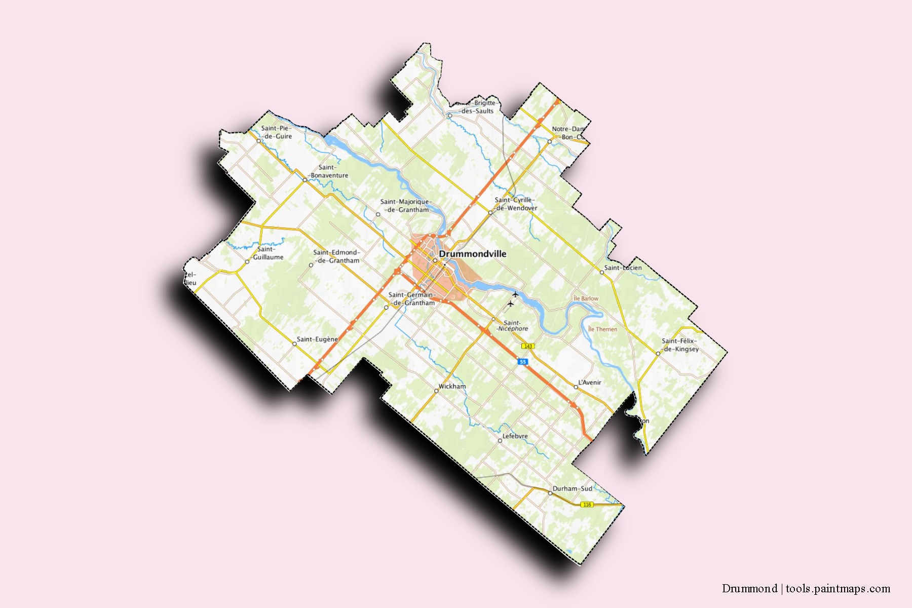 Drummond neighborhoods and villages map with 3D shadow effect