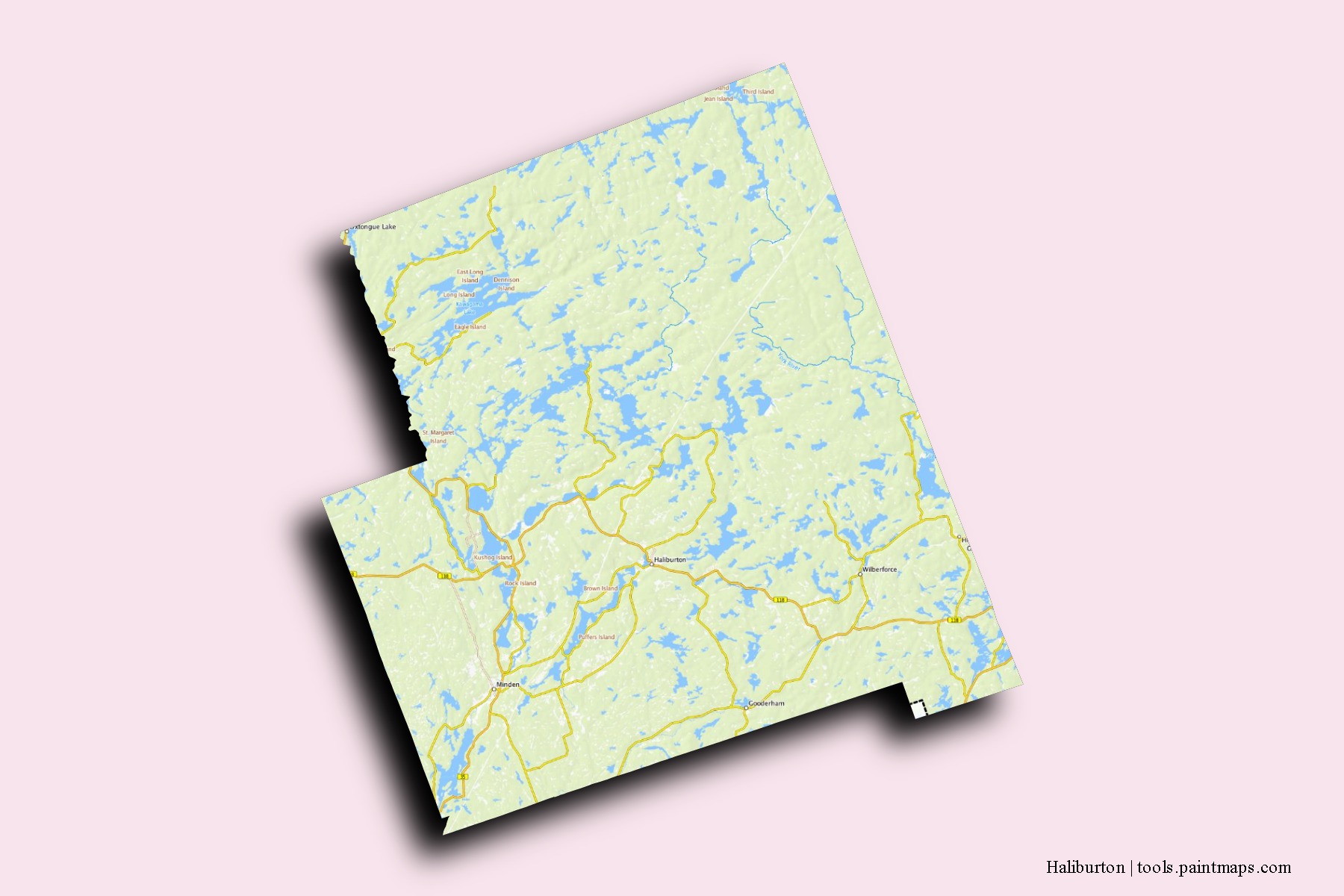 Mapa de barrios y pueblos de Haliburton con efecto de sombra 3D