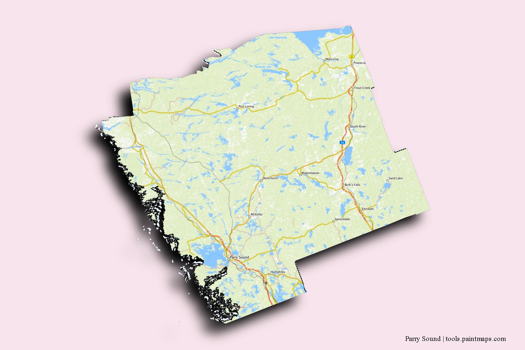 Mapa de barrios y pueblos de Parry Sound con efecto de sombra 3D