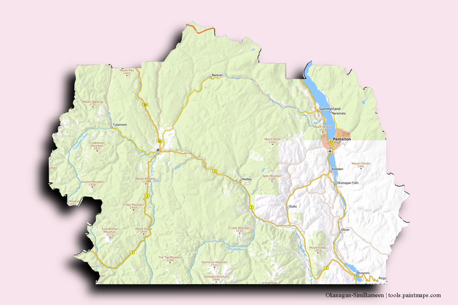 3D gölge efektli Okanagan-Similkameen mahalleleri ve köyleri haritası