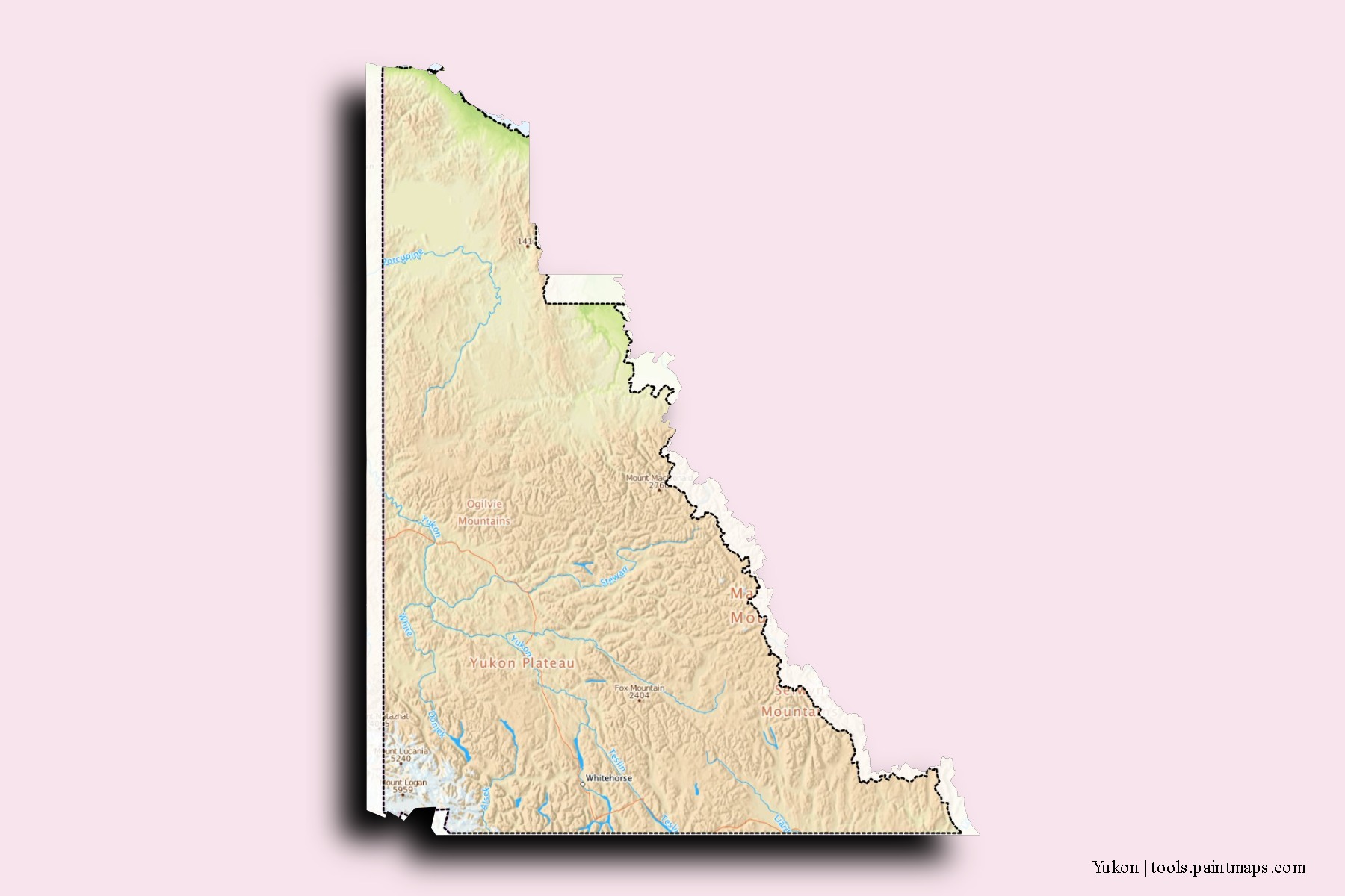 Mapa de barrios y pueblos de Yukon con efecto de sombra 3D