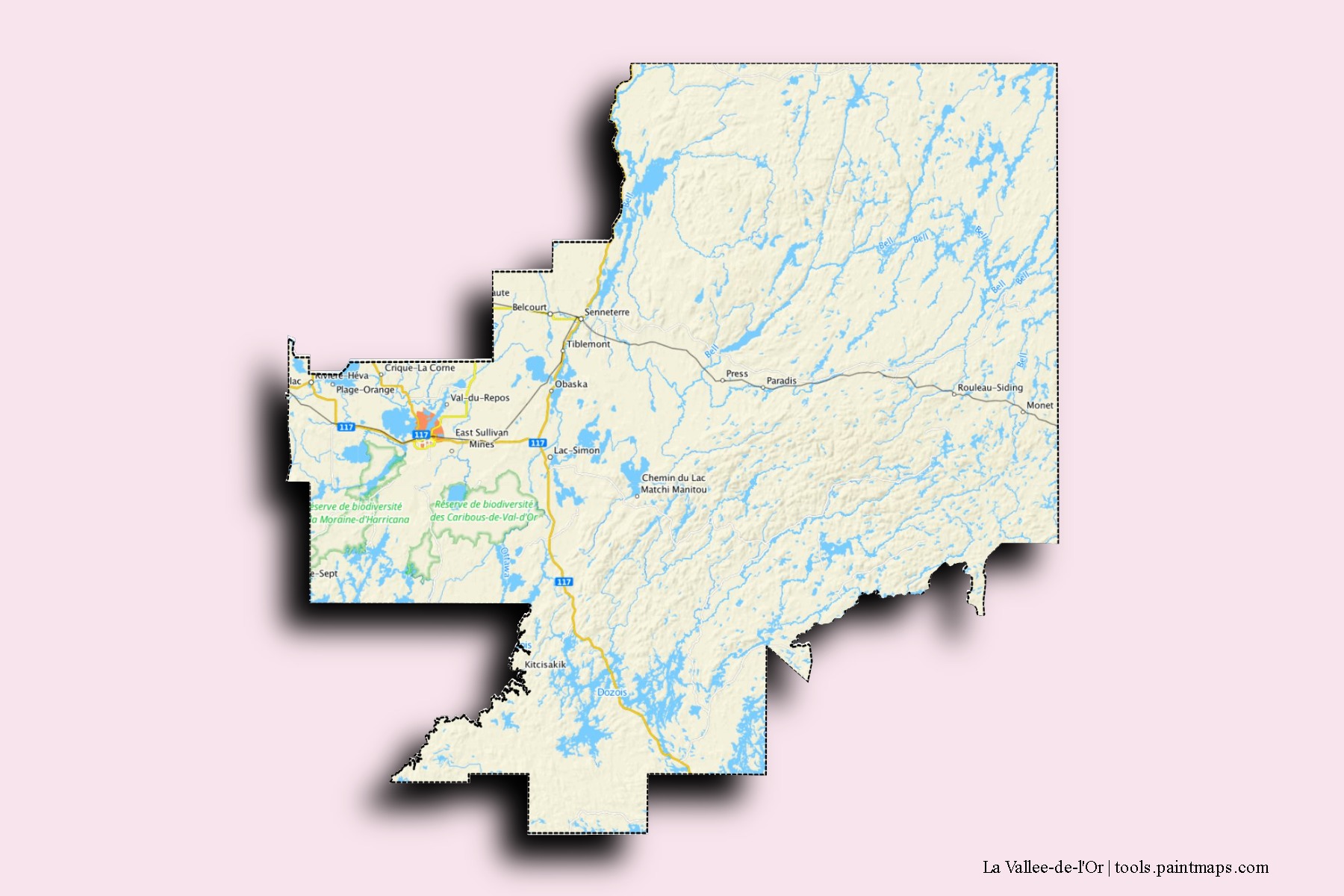 La Vallee-de-l'Or neighborhoods and villages map with 3D shadow effect