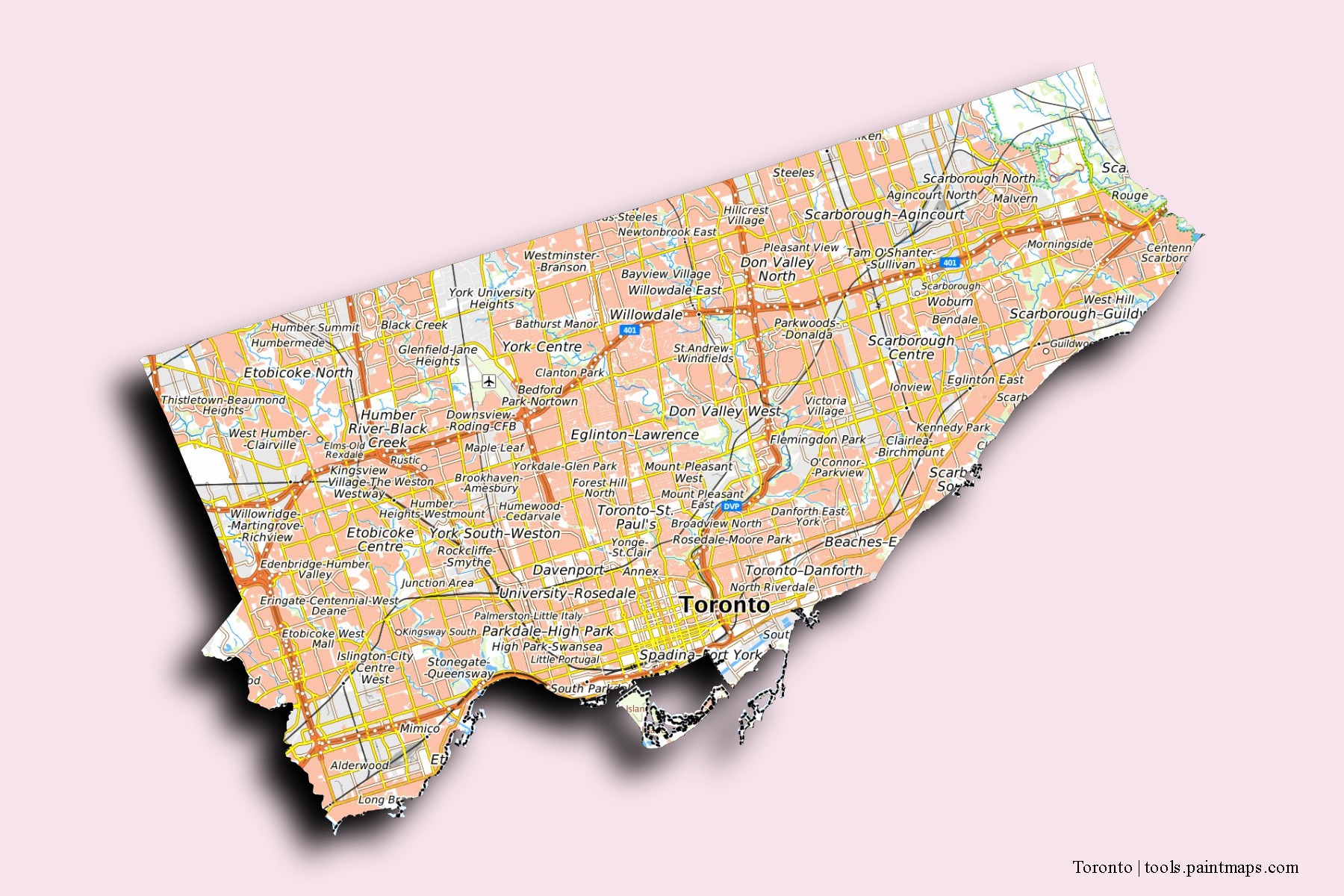 3D gölge efektli Toronto mahalleleri ve köyleri haritası