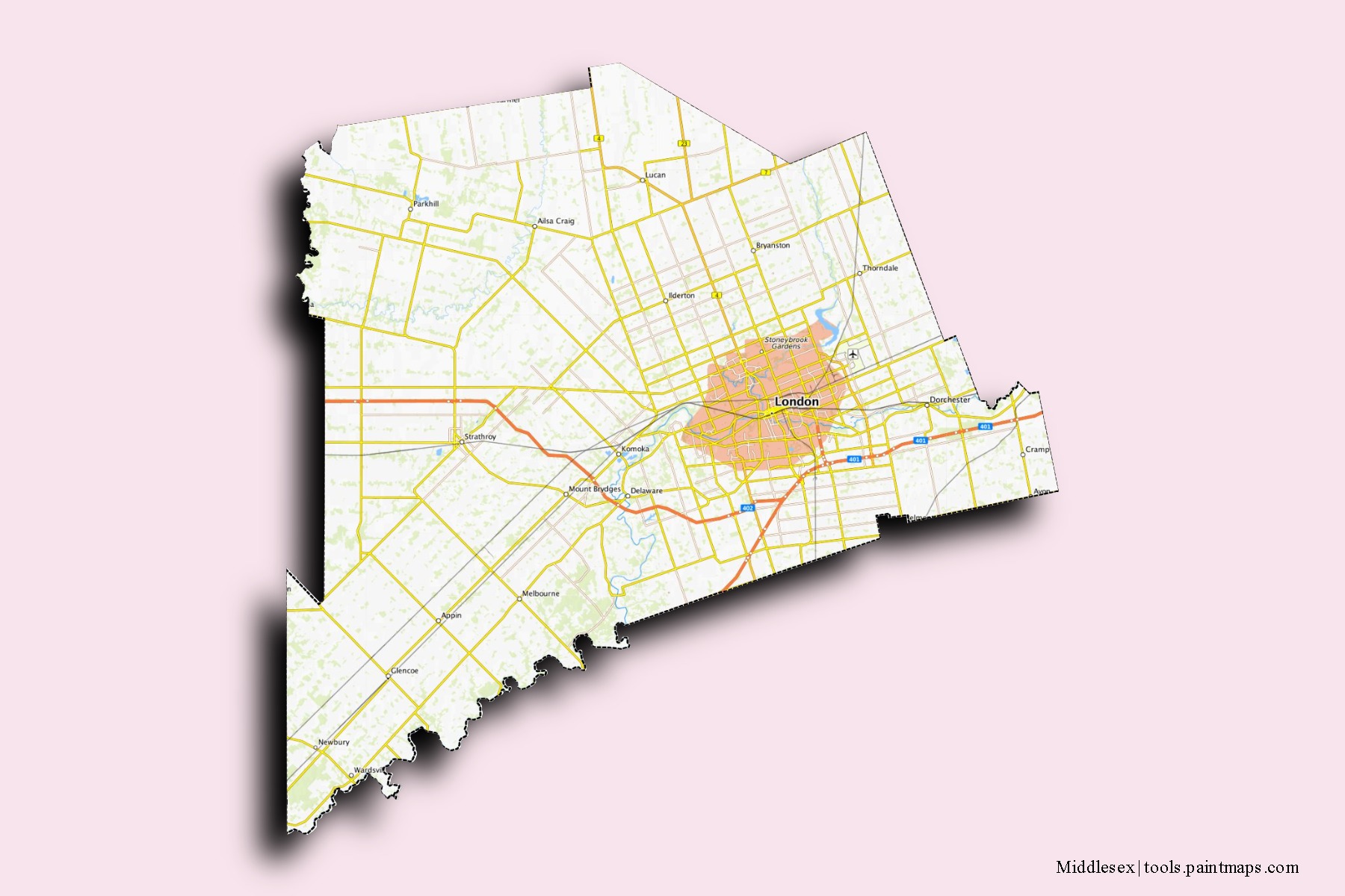 3D gölge efektli Middlesex mahalleleri ve köyleri haritası