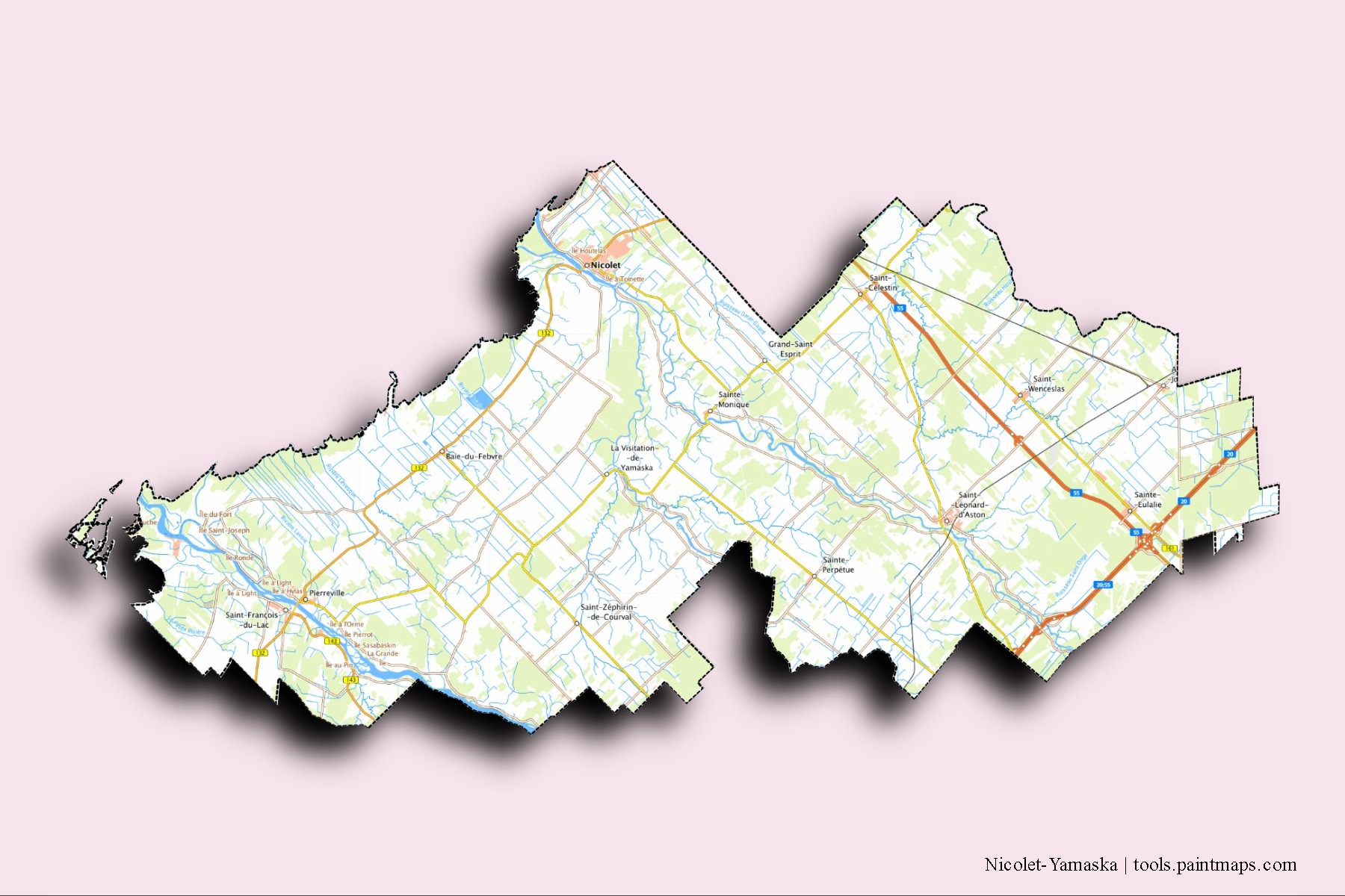 Mapa de barrios y pueblos de Nicolet-Yamaska con efecto de sombra 3D