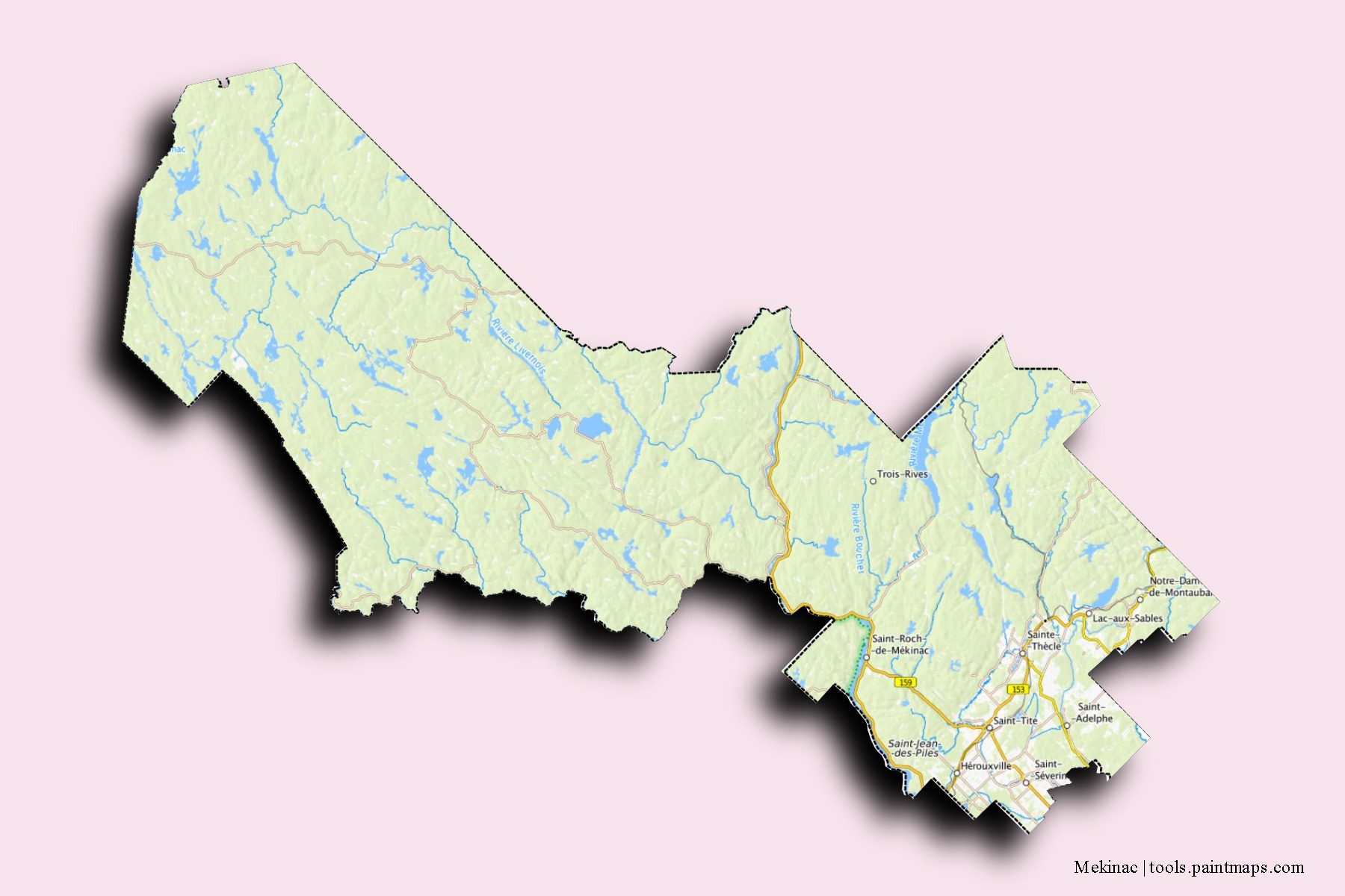 Mapa de barrios y pueblos de Mekinac con efecto de sombra 3D