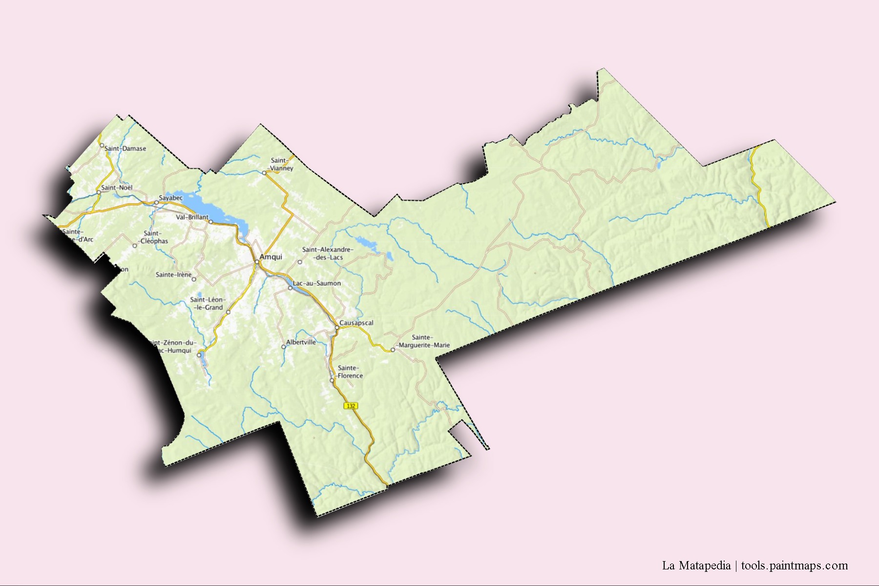 Mapa de barrios y pueblos de La Matapedia con efecto de sombra 3D