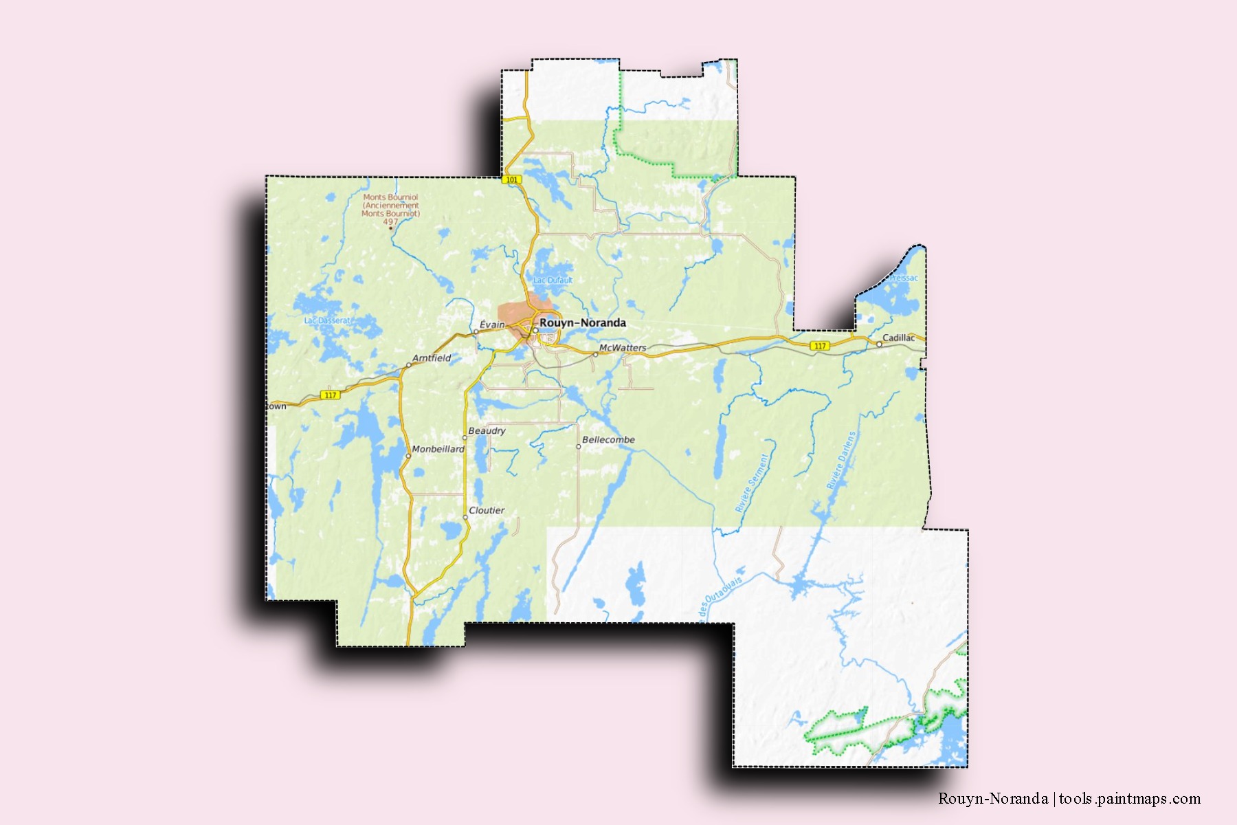 Rouyn-Noranda neighborhoods and villages map with 3D shadow effect