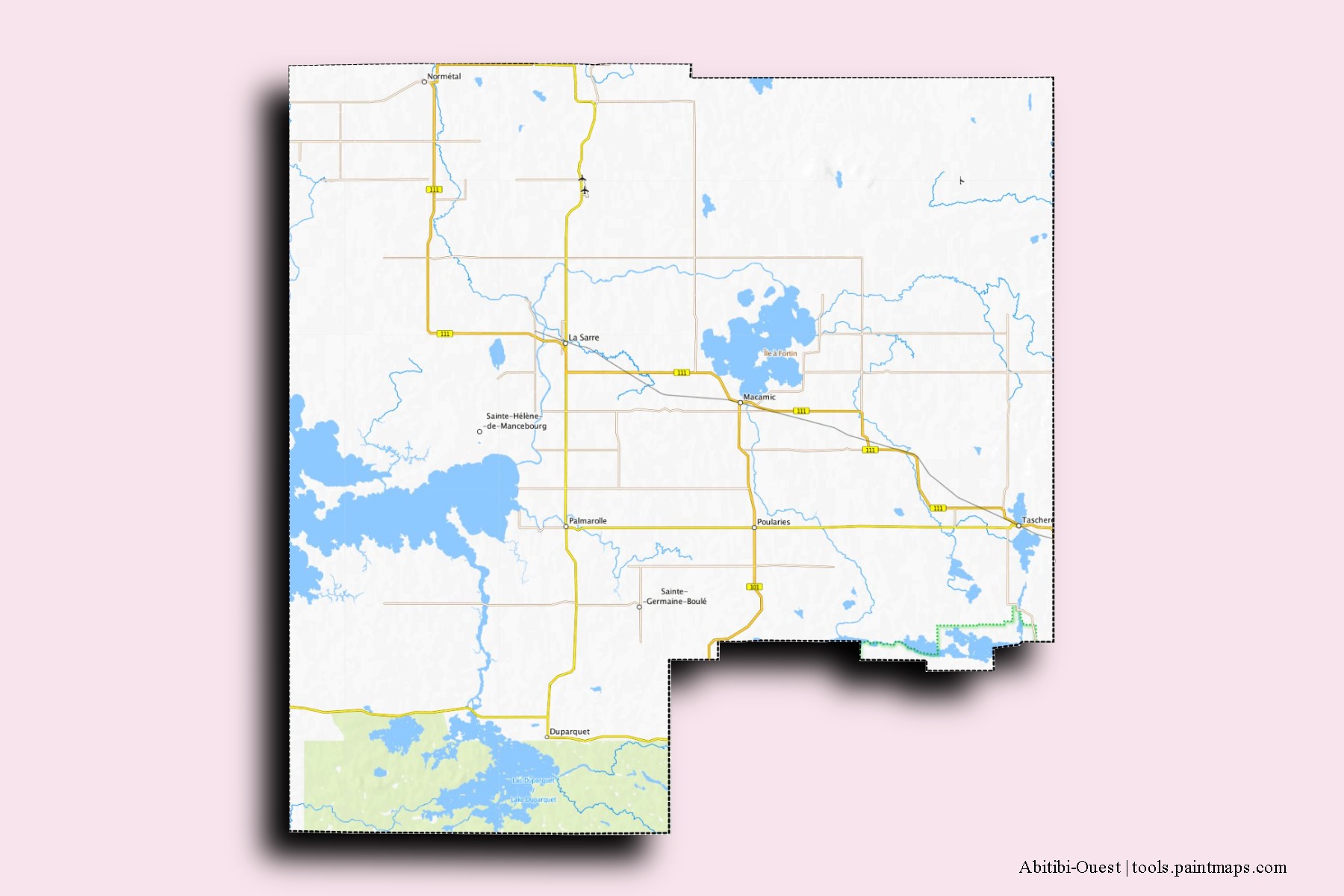 Abitibi-Ouest neighborhoods and villages map with 3D shadow effect