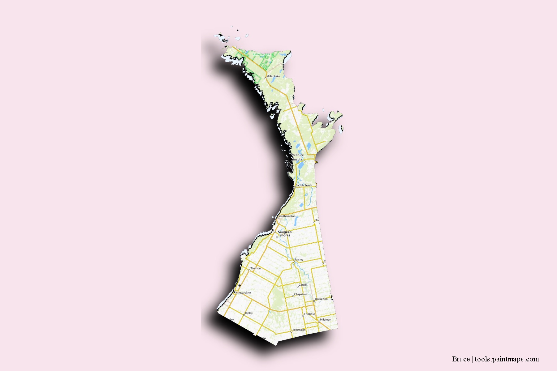 Bruce neighborhoods and villages map with 3D shadow effect