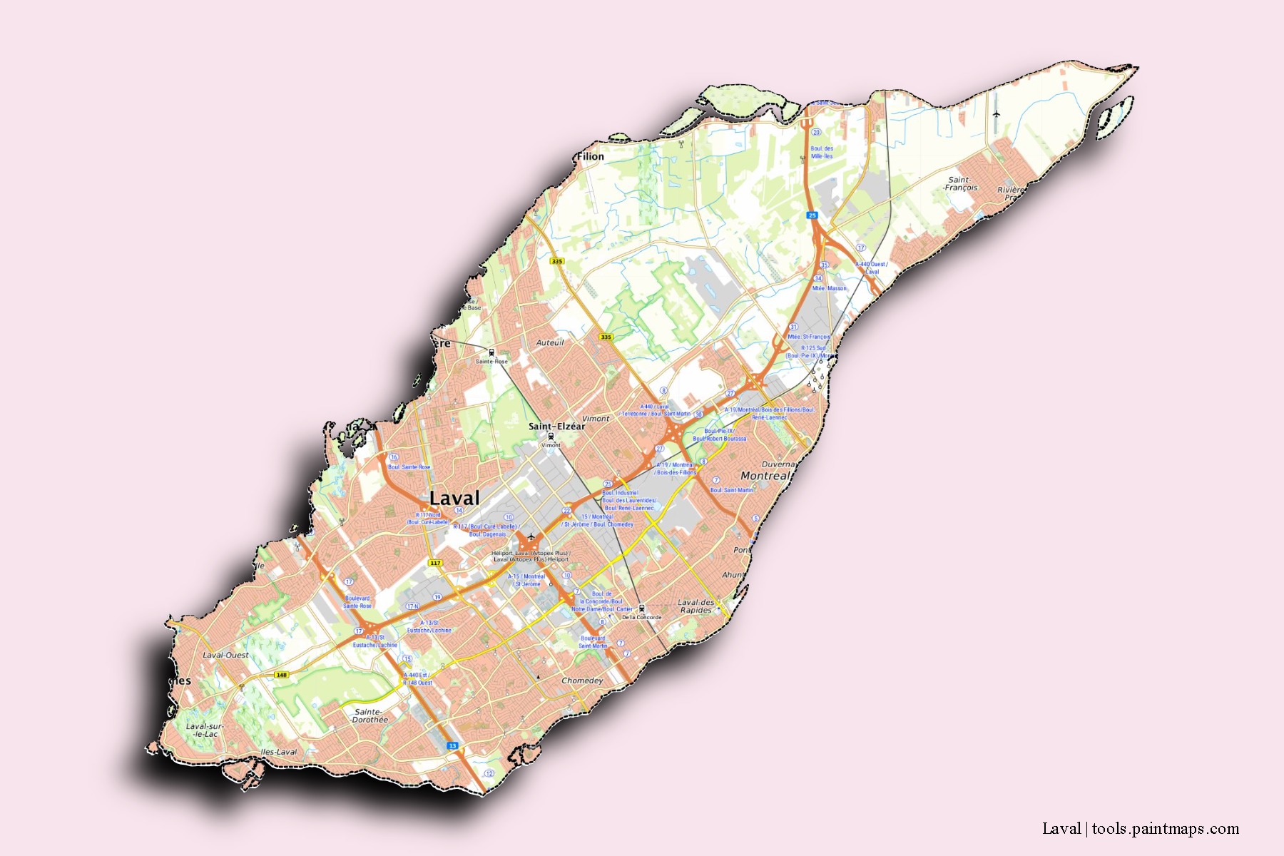 Laval neighborhoods and villages map with 3D shadow effect