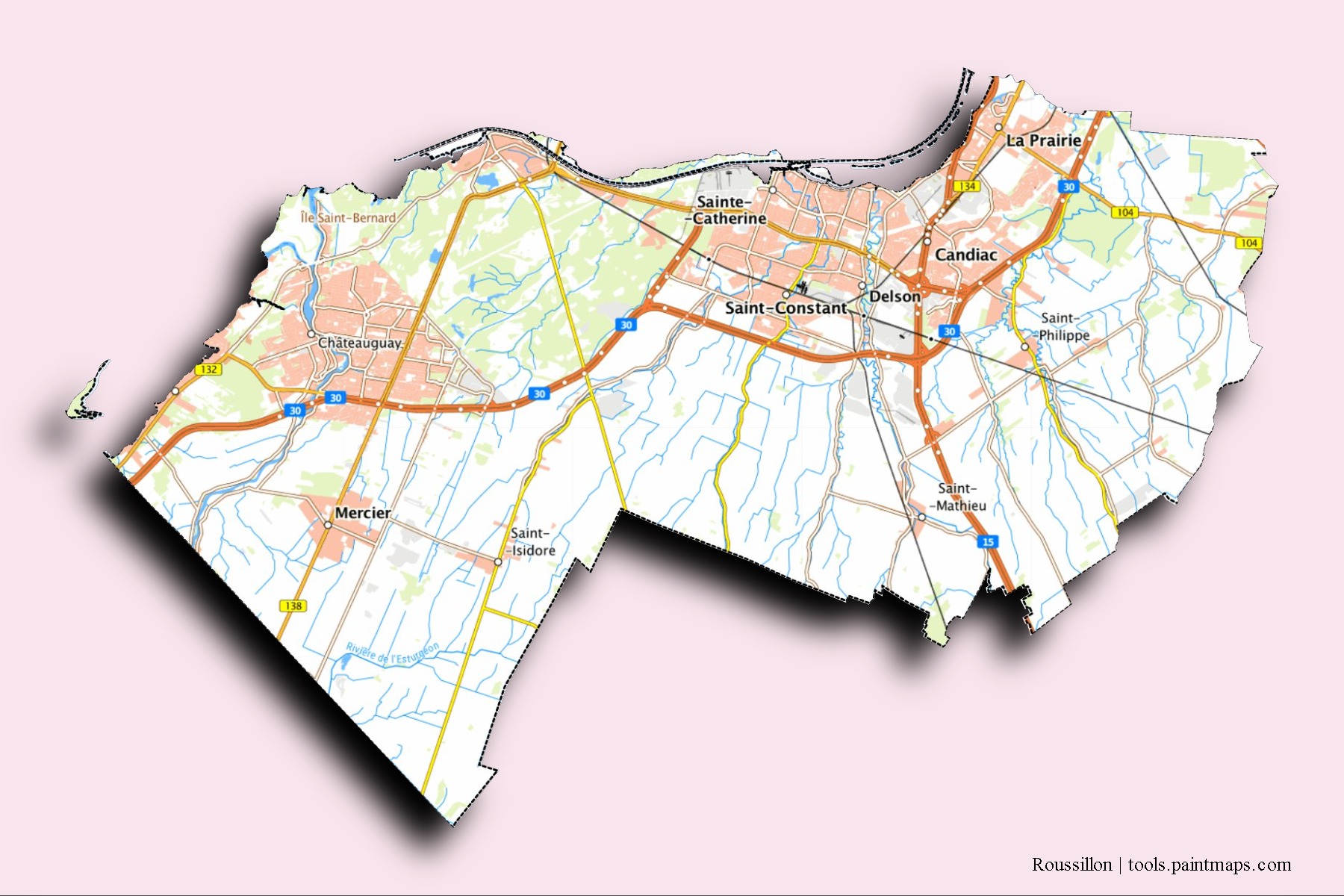 Roussillon neighborhoods and villages map with 3D shadow effect